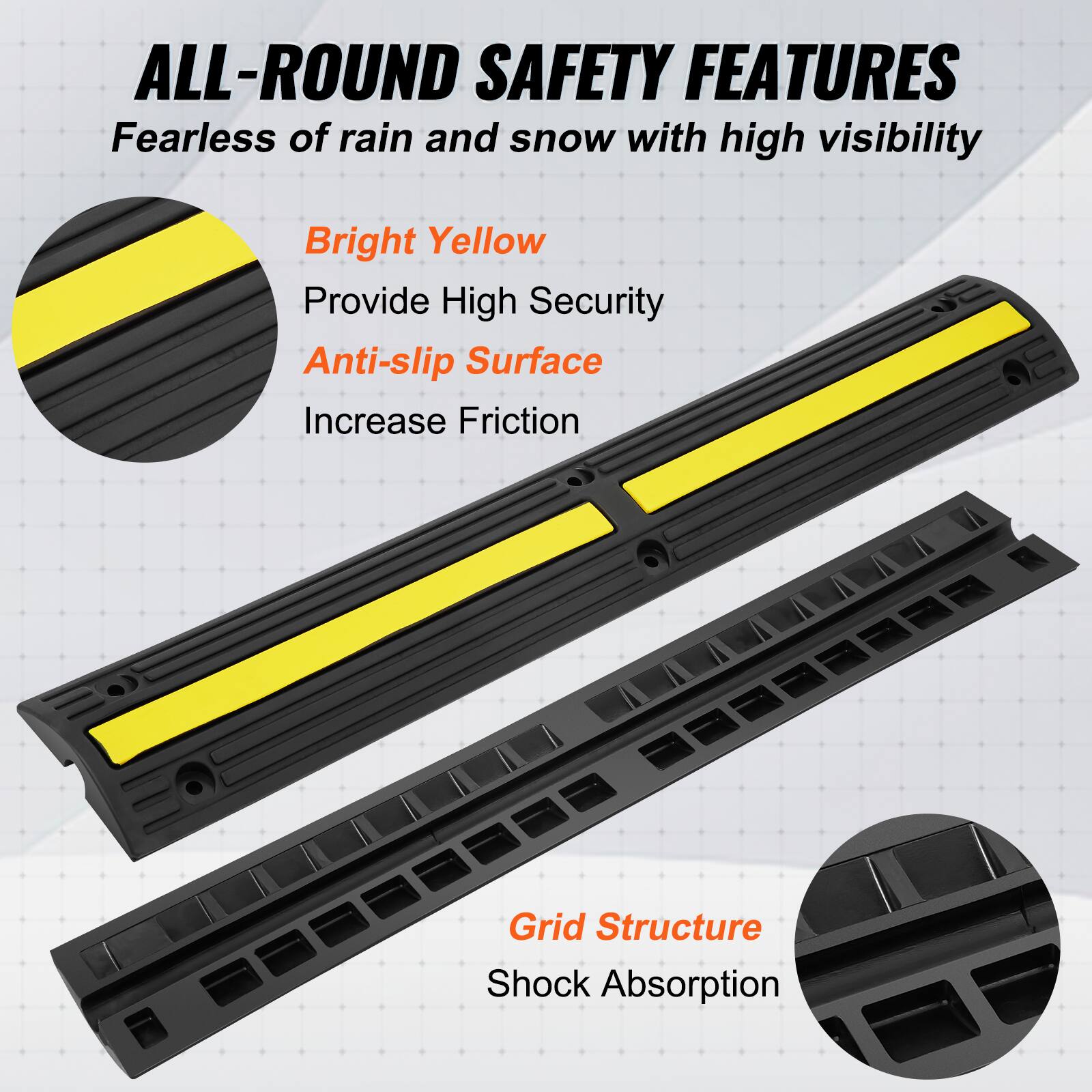 ALL-ROUND SAFETY FEATURES

Fearless of rain and snow with high visibility

Bright Yellow
Provide High Security
Anti-slip Surface
Increase Friction

Grid Structure
Shock Absorption