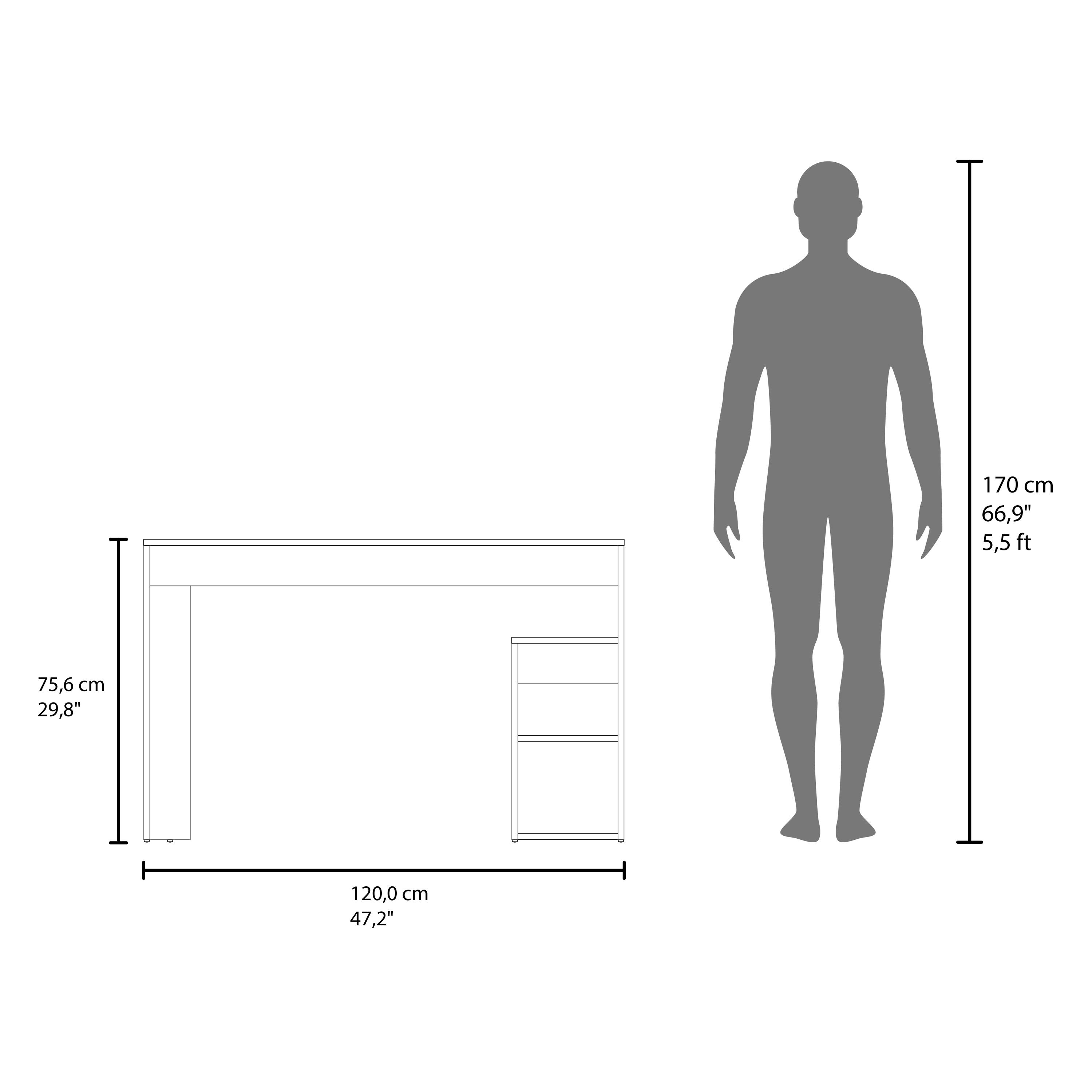 170 cm  
66.9"  
5.5 ft  

75.6 cm  
29.8"  

120.0 cm  
47.2"