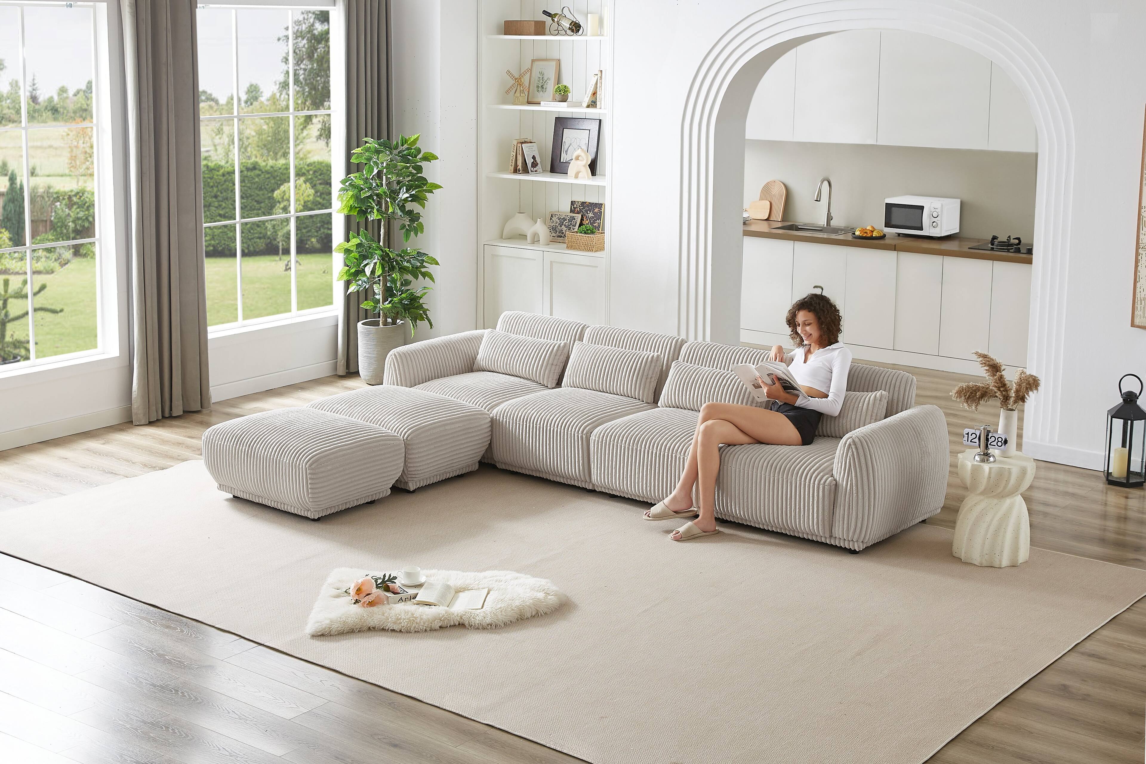 Angle. Electra Tech Xpress - Corduroy Fabric Sectional Sofa,Convertible U Shaped Sectional for Living Room,Modular Couch with Removable Ottoman - Light Grey.