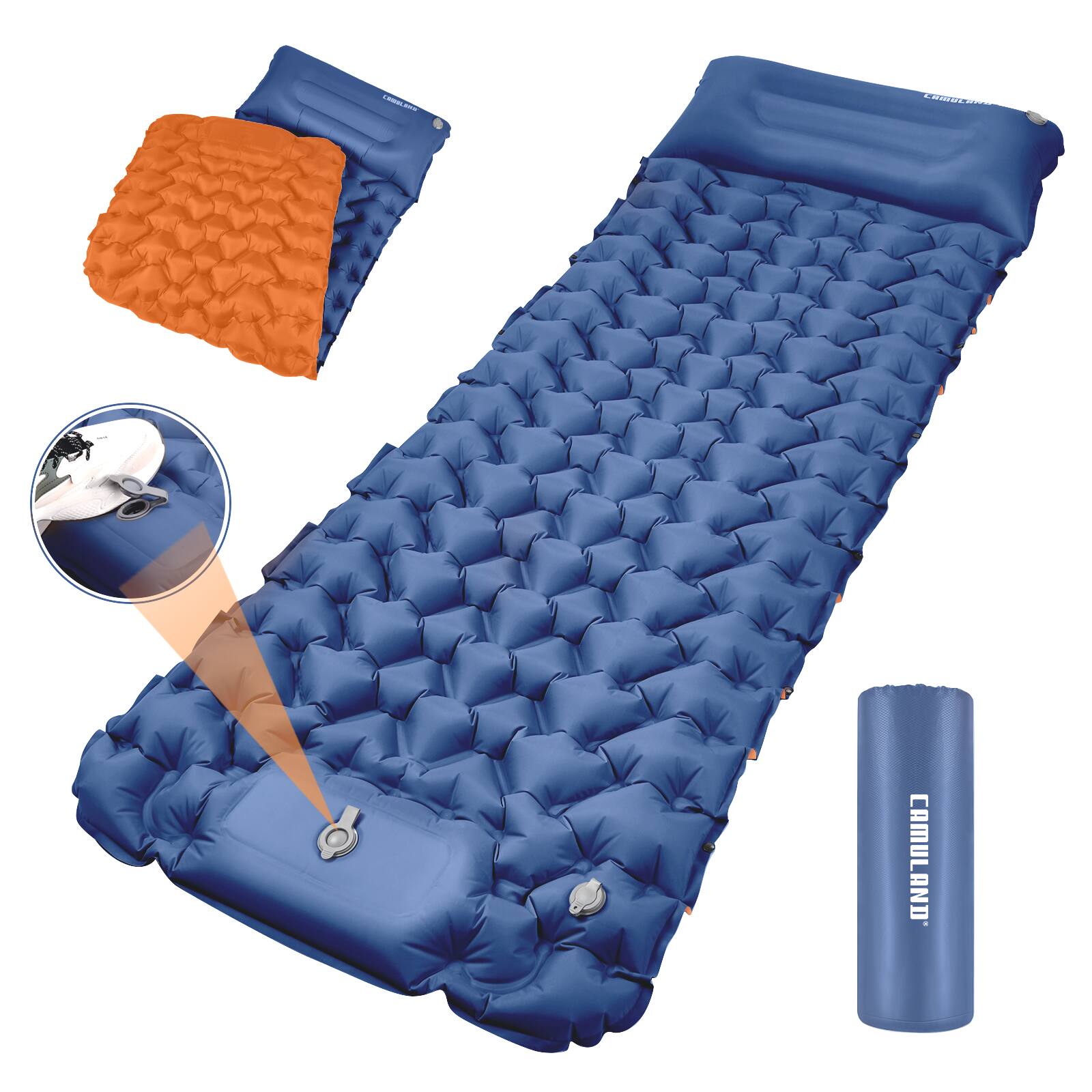 Front. CAMULAND - Sleeping Pad for Camping Backpacking Hiking - Blue Orange.