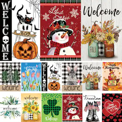 Sure, here is the corrected and grouped text from the image:
1. **Halloween**
- Welcome
- BOO
2. **Winter**
- Let it Snow
- Welcome
3. **Fall**
- Welcome
- FALL
- Thankful
4. **Spring**
- Welcome
- Welcome Spring
5. **General Welcome**
- Welcome
- Welcome
6. **St. Patrick's Day**
- Welcome
7. **Summer**
- Welcome
- SUN SHINE
8. **Thanksgiving**
- Welcome
- Happy Thanksgiving
- COBBLE COBBLE
9. **Valentine's Day**
- Happy Valentine's Day
10. **Freedom**
- Freedom
11. **General**
- Welcome
