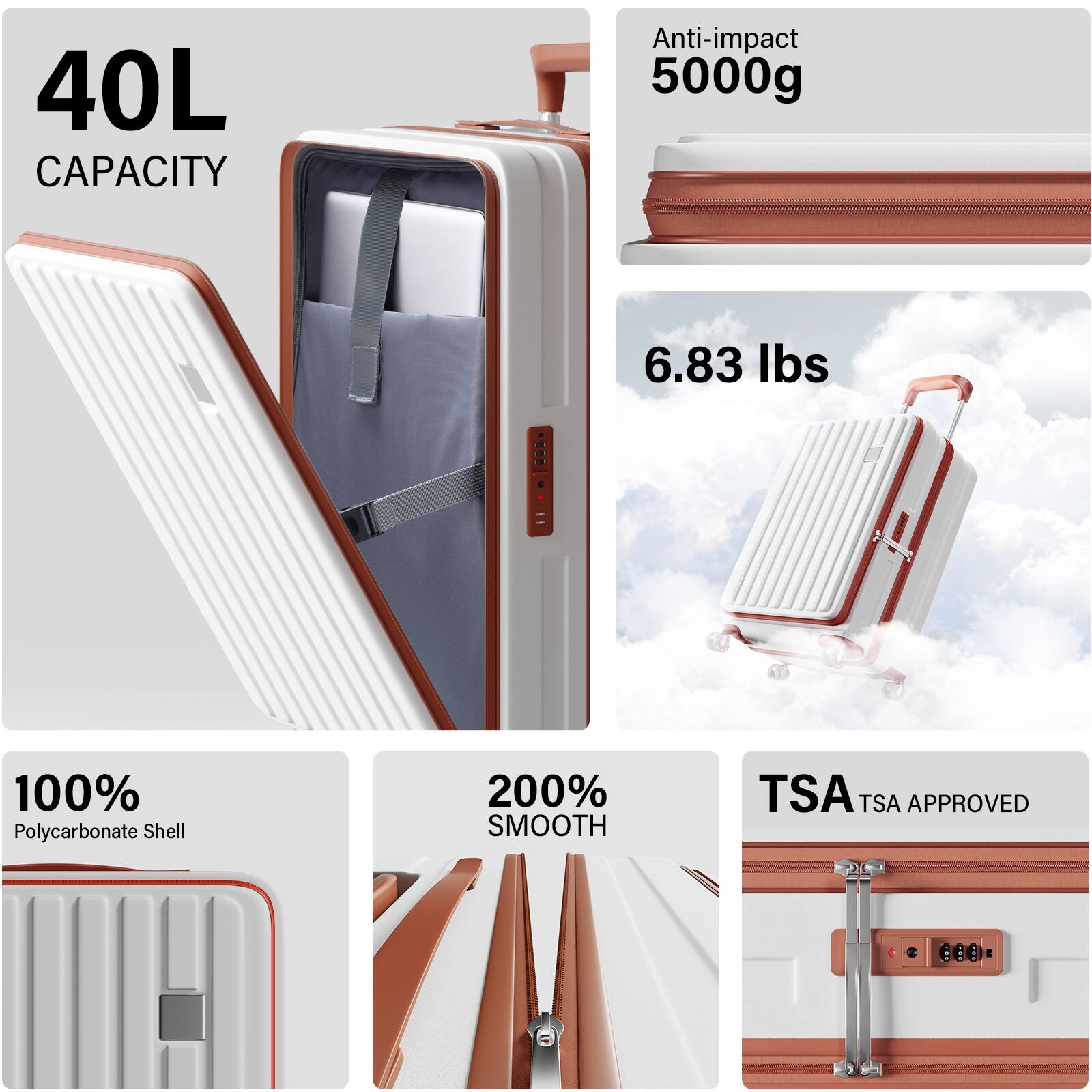 40L Capacity  
Anti-impact 5000g  
6.83 lbs  
100% Polycarbonate Shell  
200% Smooth  
TSA Approved