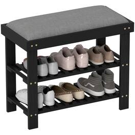 Homcom - Bamboo Shoe Bench, 3-Tier Entryway Bench with Storage and Cushion, Shoe Organizer for Entryway, Hallway - Black