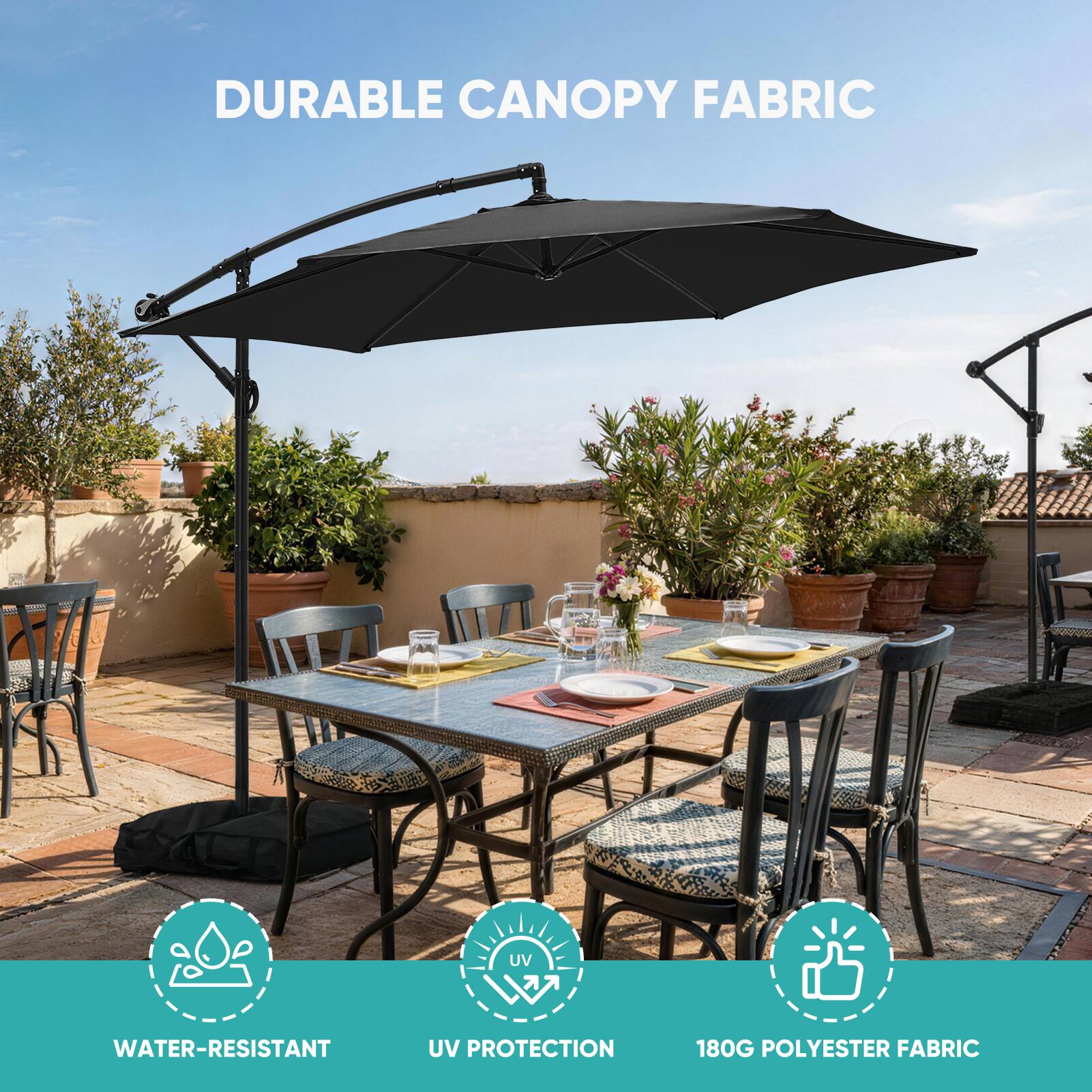 DURABLE CANOPY FABRIC

- WATER-RESISTANT
- UV PROTECTION
- 180G POLYESTER FABRIC