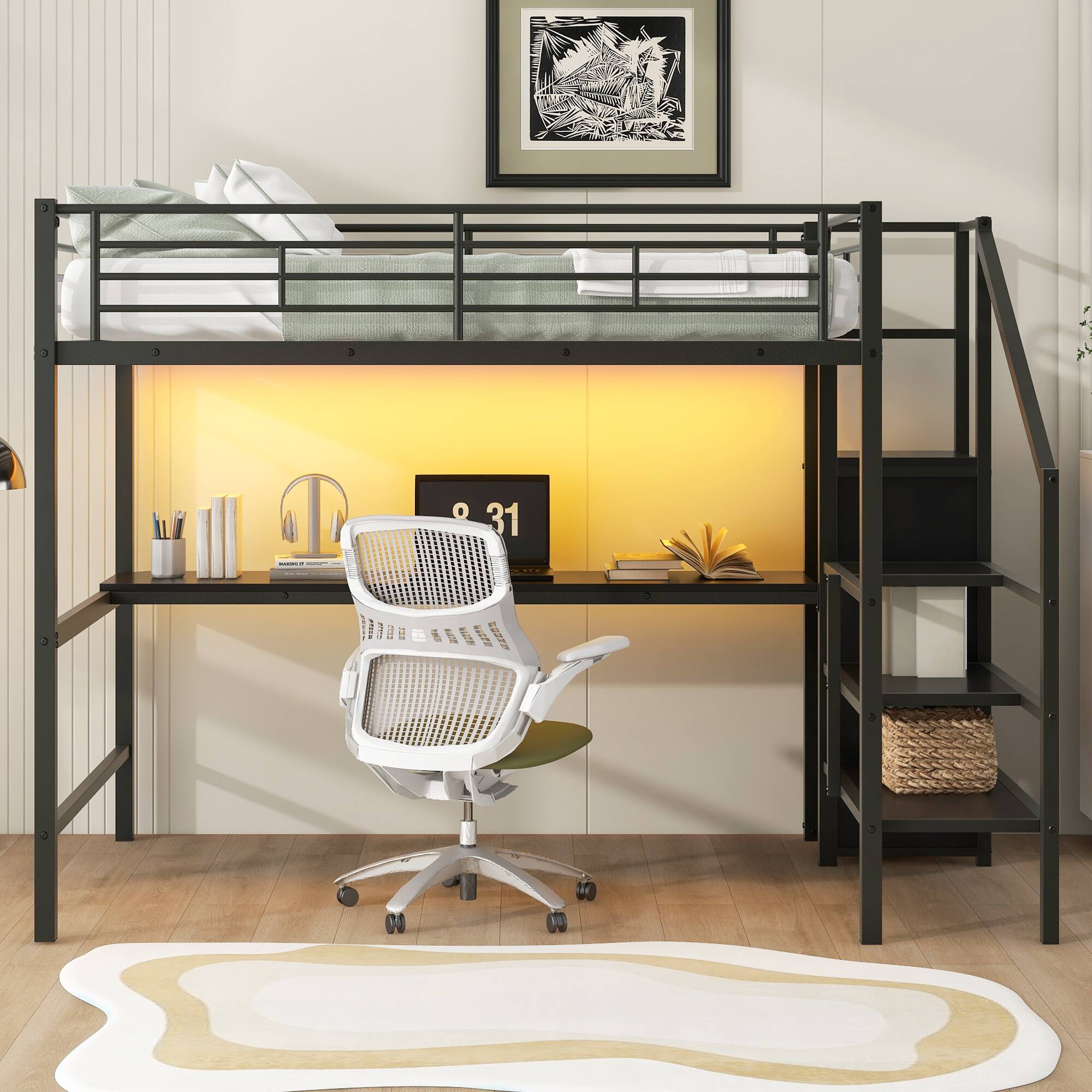 Left. Anysun - Full Size Metal Loft Bed with Desk, Storage Staircase, Wardrobe & LED Light, Space-Saving Bed for Kids Room or Bedroom - Black.
