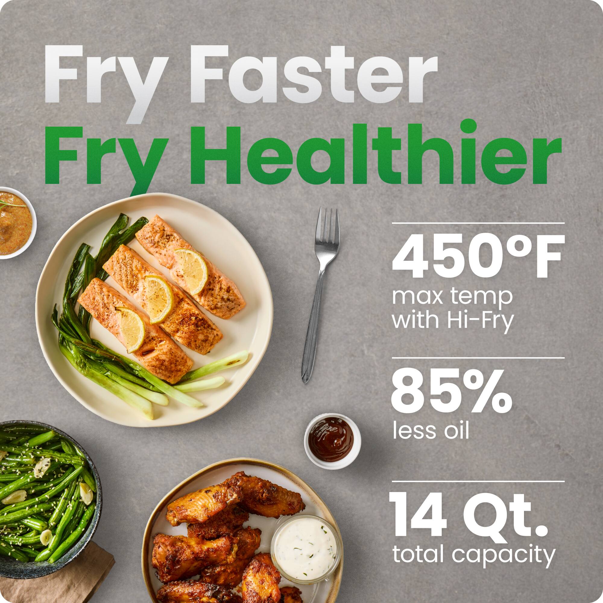 Fry Faster Fry Healthier

450°F max temp with Hi-Fry

85% less oil

14 Qt. total capacity