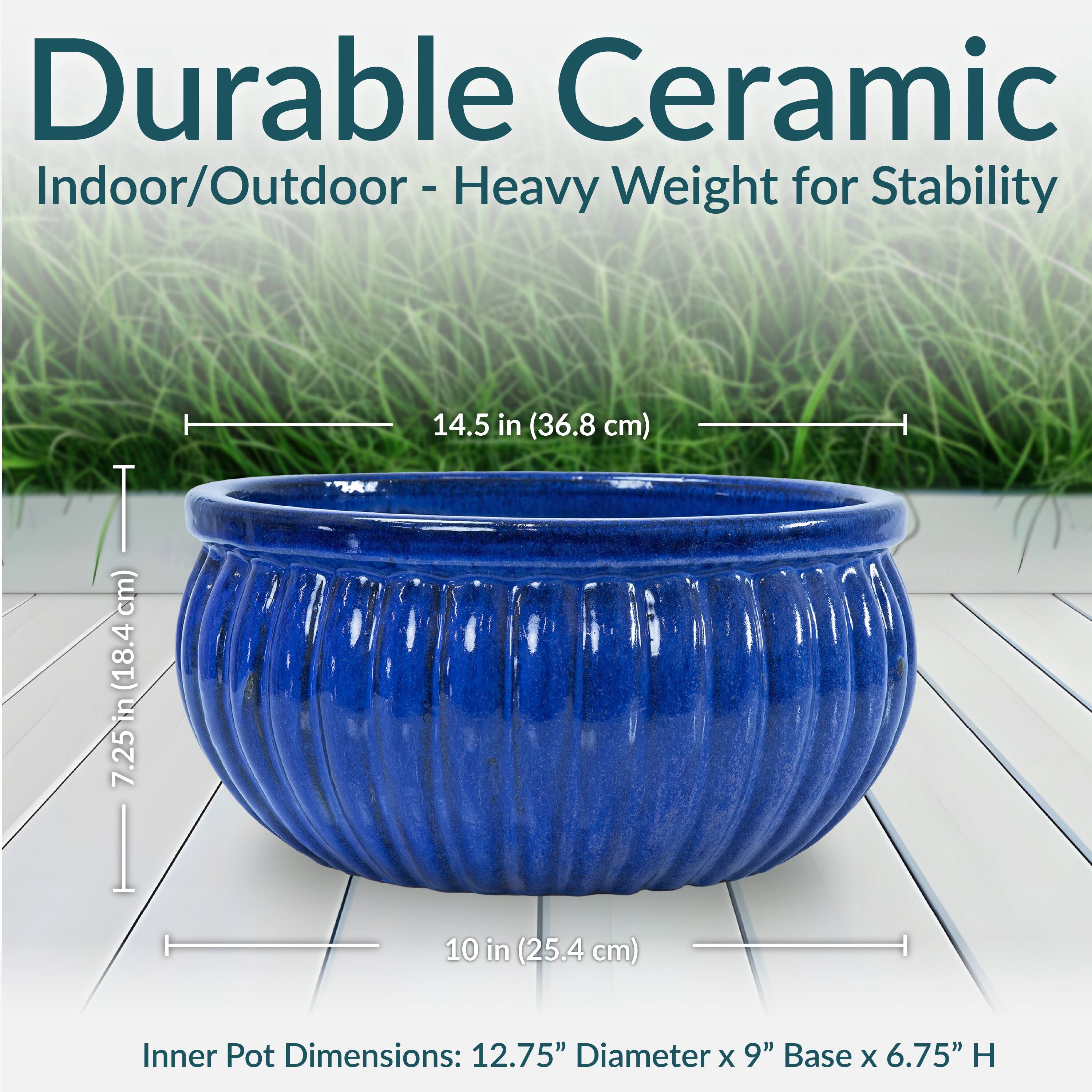 Durable Ceramic  
Indoor/Outdoor - Heavy Weight for Stability  

14.5 in (36.8 cm)  
7.25 in (18.4 cm)  
10 in (25.4 cm)  

Inner Pot Dimensions: 12.75" Diameter x 9" Base x 6.75" H