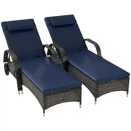 Front. Spaco - Spaco Reclining Chaise Lounge Set of 2, Outdoor Chairs,Cushion,Pillow,Wheels - Dark Blue.