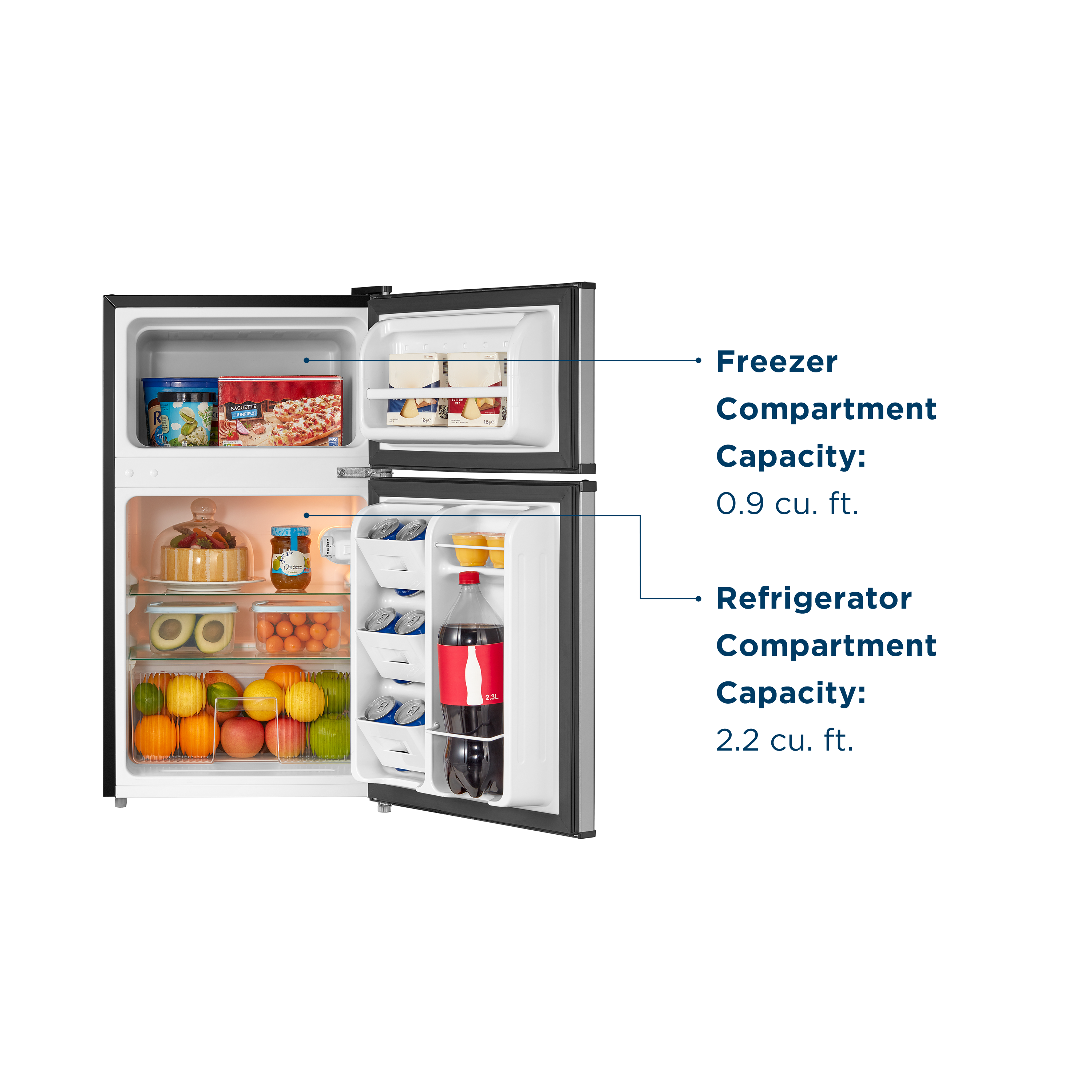 Freezer Compartment Capacity: 0.9 cu. ft.

Refrigerator Compartment Capacity: 2.2 cu. ft.