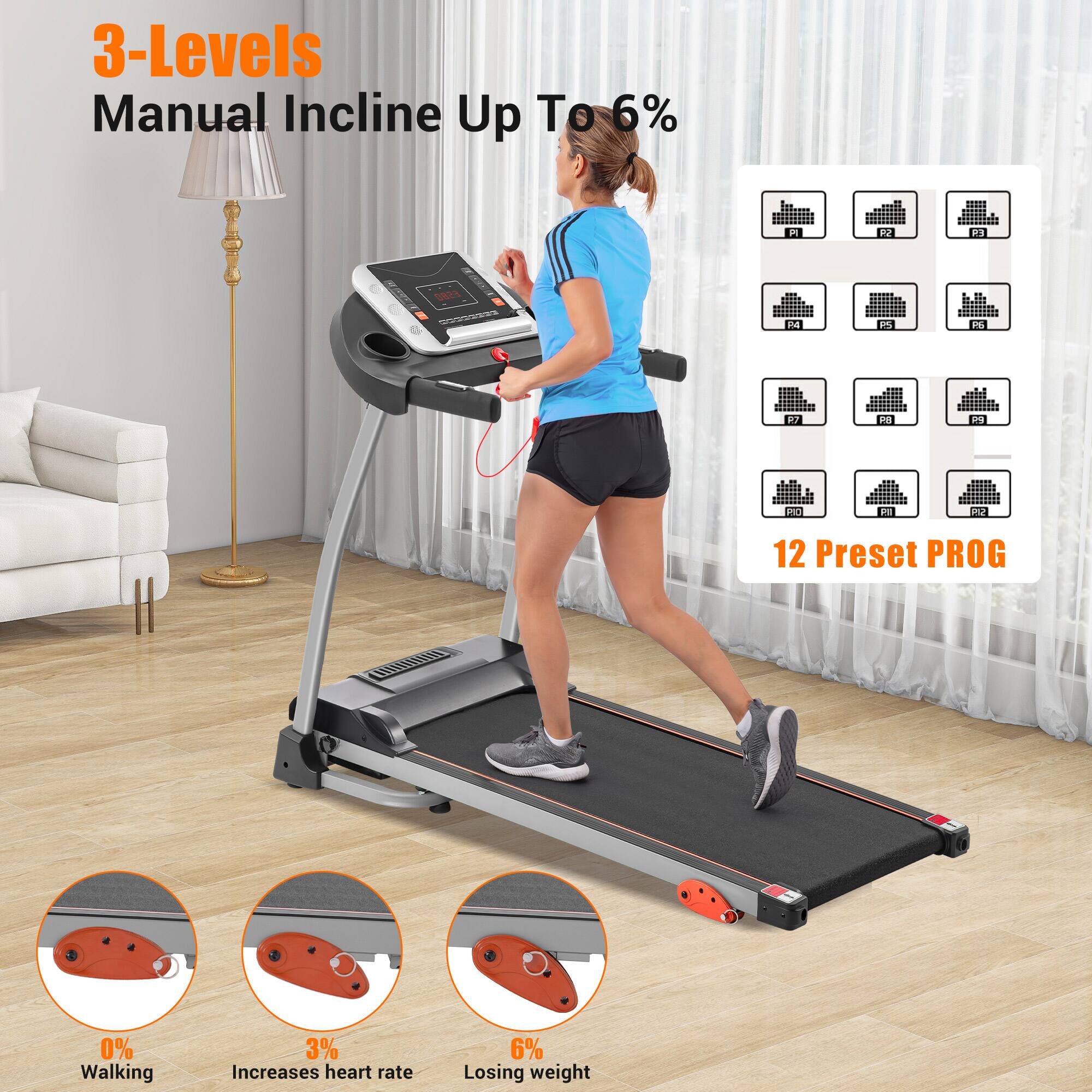 3-Levels Manual Incline Up To 6% 12 Preset PROG 0% Walking 3% Increases heart rate 6% Losing weight