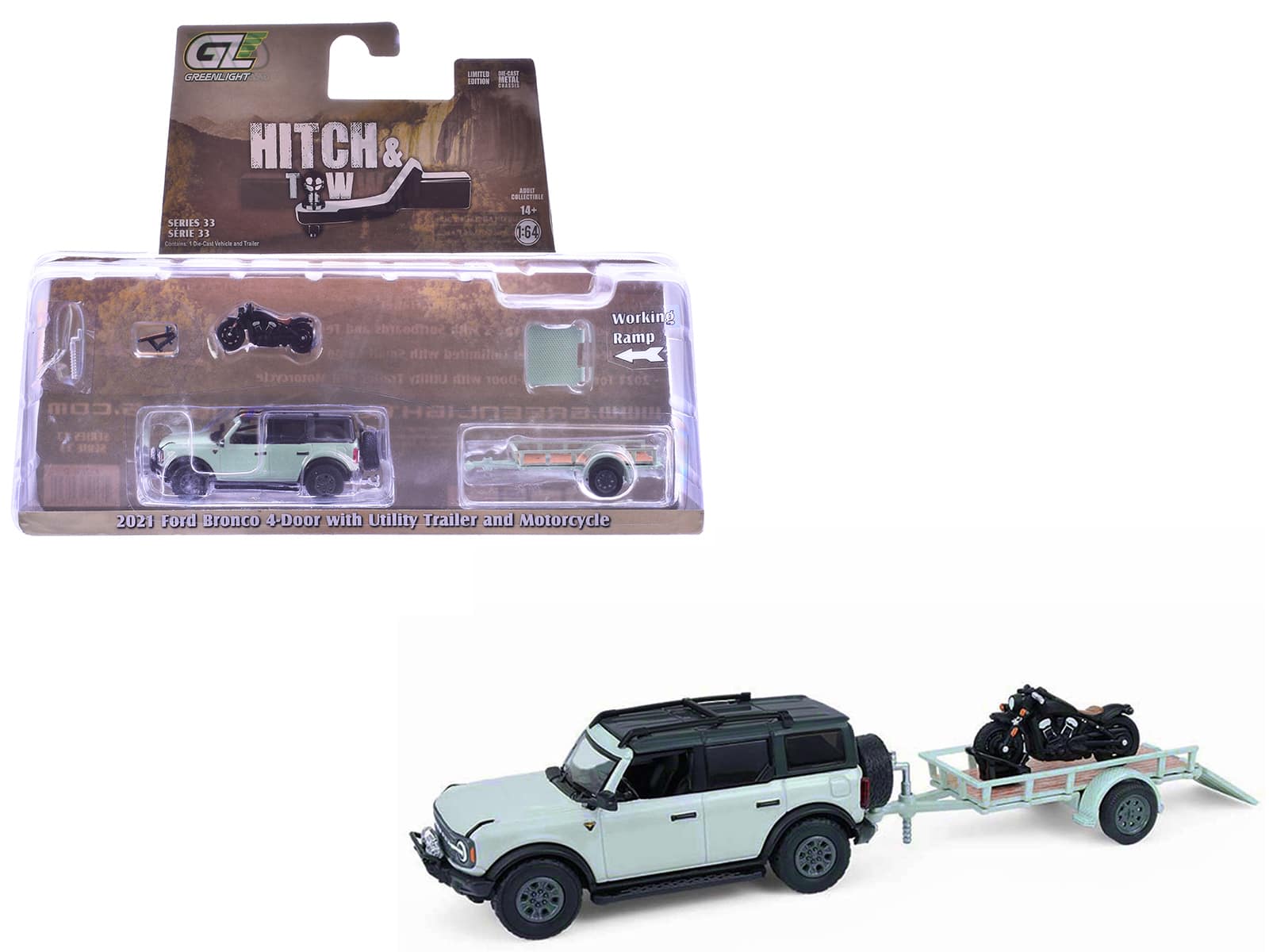 2021 Ford Bronco 4-Door Badlands Cactus Gray with Black Top and Motorcycle with Trailer 1/64 Model Cars by Greenlight price history on PriceWatchPro