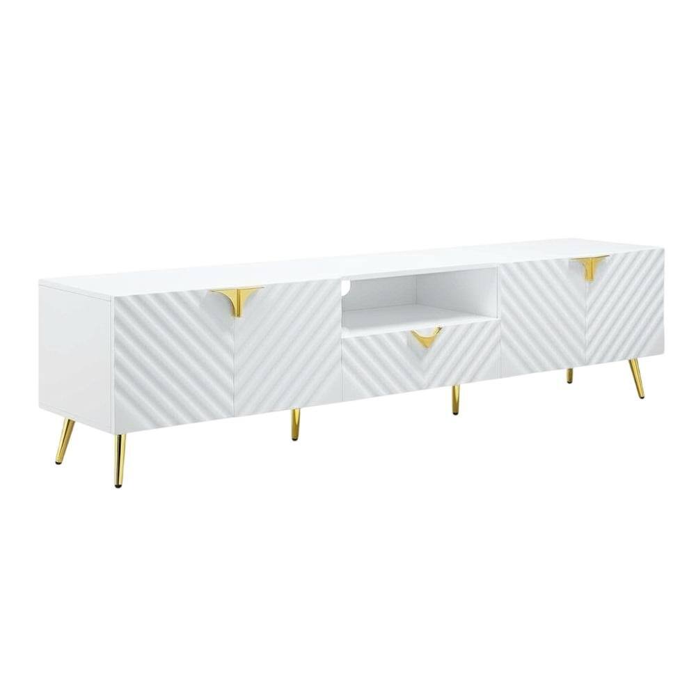 Alt View 3. FurniFact - White Gloss Finish TV Stand with Rubberwood and Walnut Veneers for Modern Living - Beige.