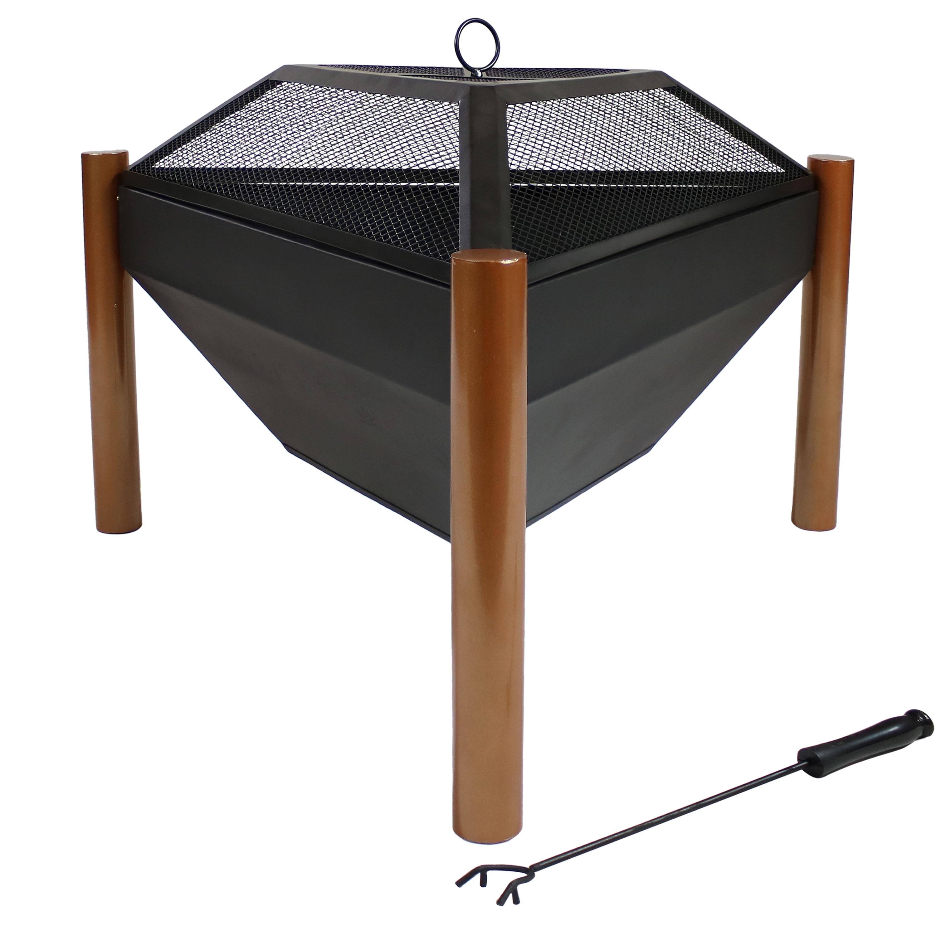 Front. Sunnydaze - 31 in Triangle Steel Fire Pit Table with Grate, Poker, and Screen - Black.