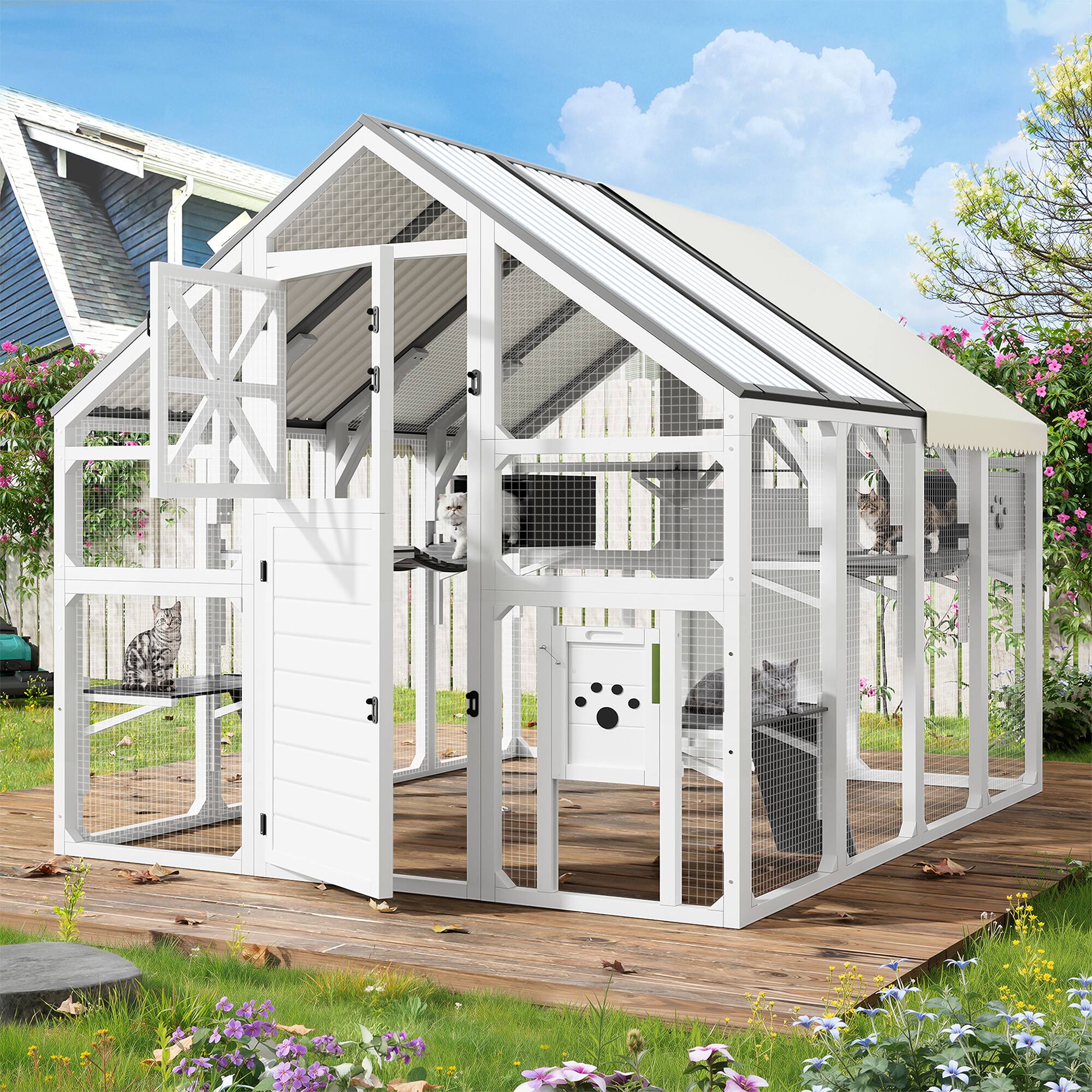 Front. Whisen - Extra Large Outdoor Cat Enclosure,Walk-in Catio with Multi-Level Platforms,Bridges and PVC Roof - White.