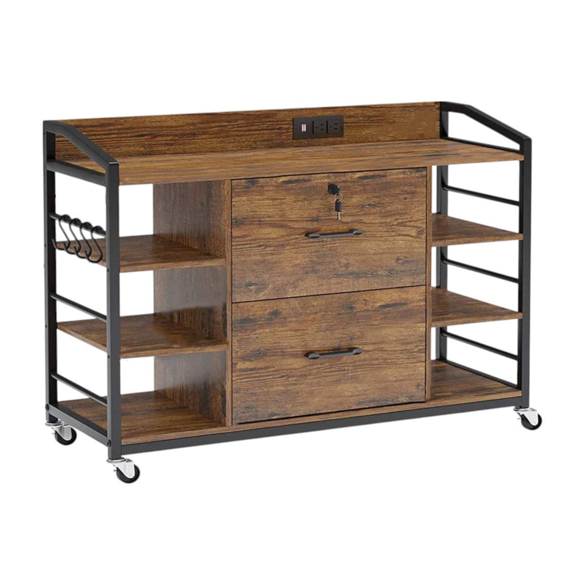 SlickBlue - Mobile Printer Stand and Office File Cabinet with Bookcase & Power Station - Brown