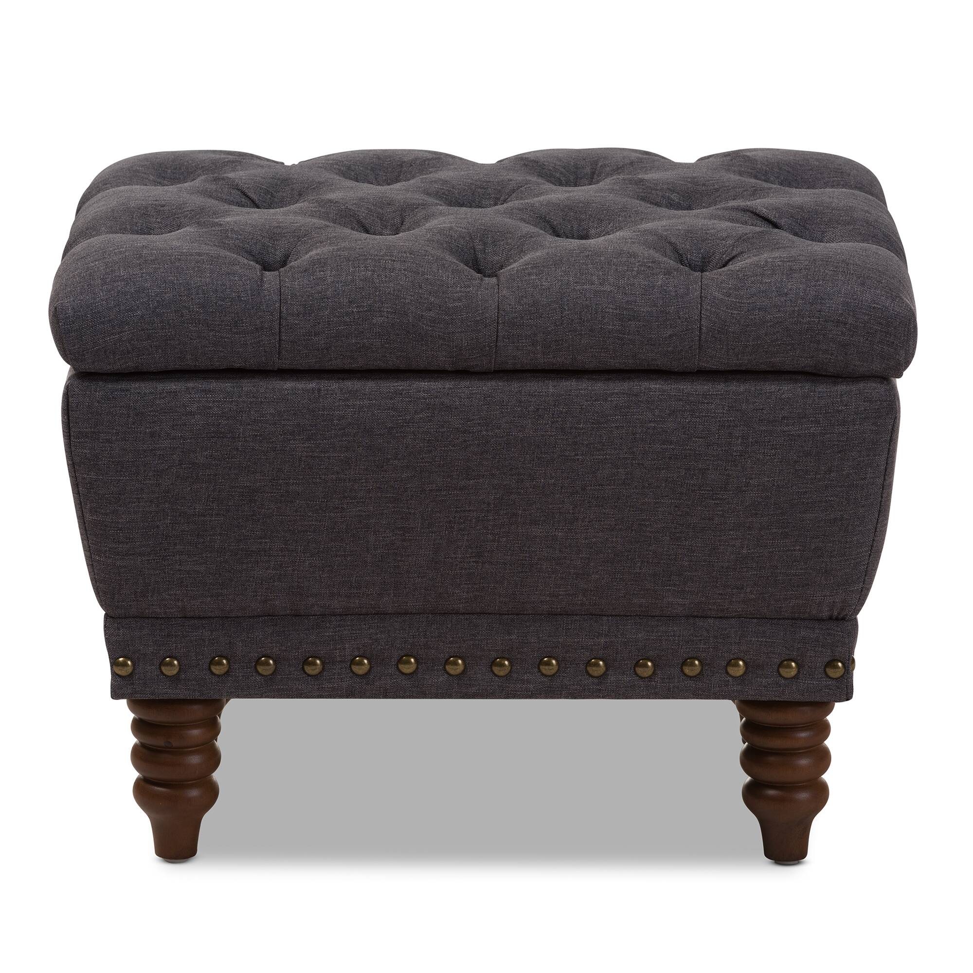 Angle. Baxton Studio - Annabelle Modern and Contemporary Fabric Upholstered Walnut Wood Finished Button-Tufted Storage Ottoman - Dark Grey.