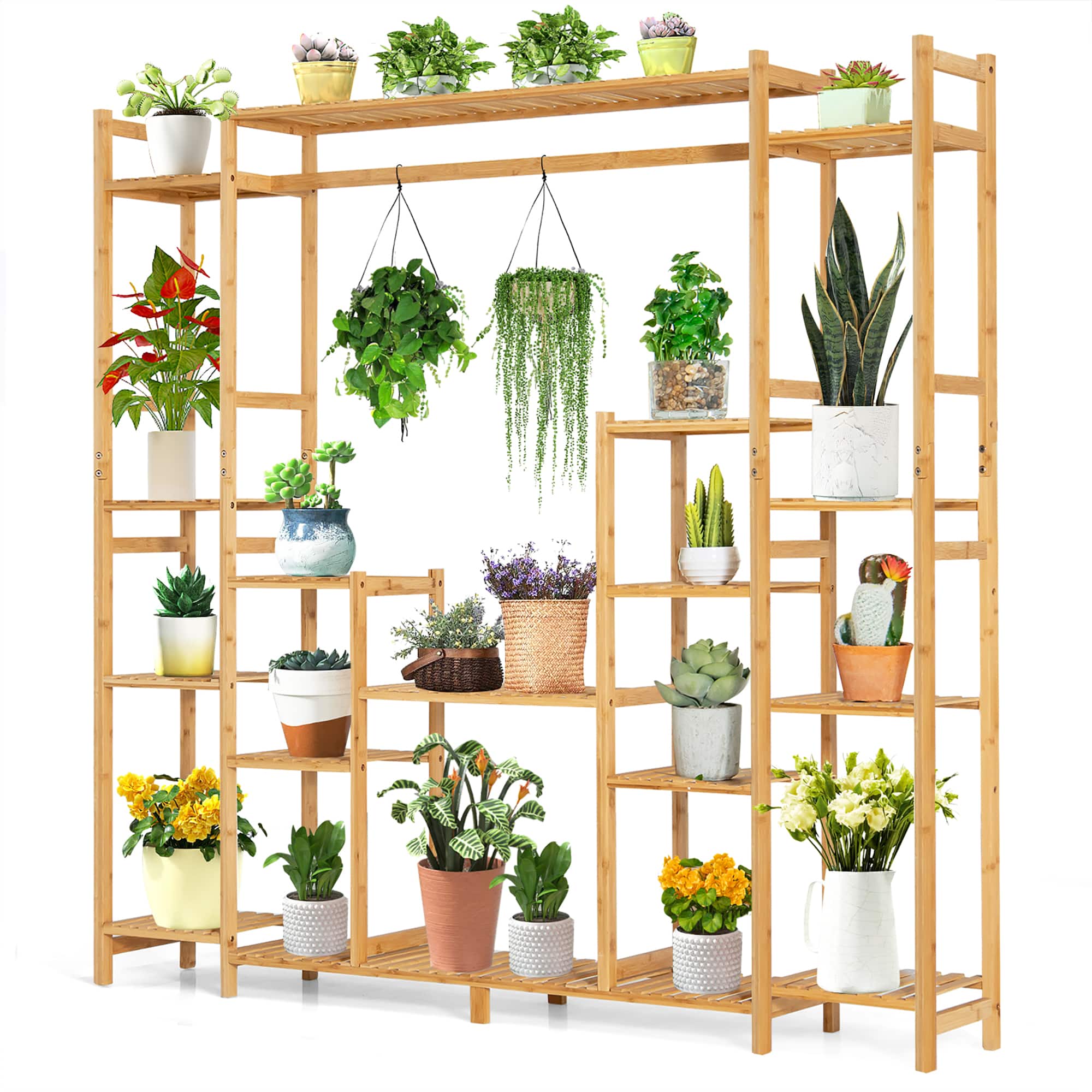 Front. Costway - 9-Tier Bamboo Plant Stand Potted Holder w/Hanging Rack Tall Display Shelf Unit - Natural.