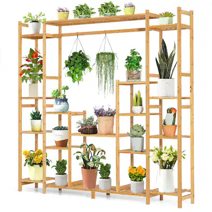 Front. Costway - 9-Tier Bamboo Plant Stand Potted Holder w/Hanging Rack Tall Display Shelf Unit - Natural.
