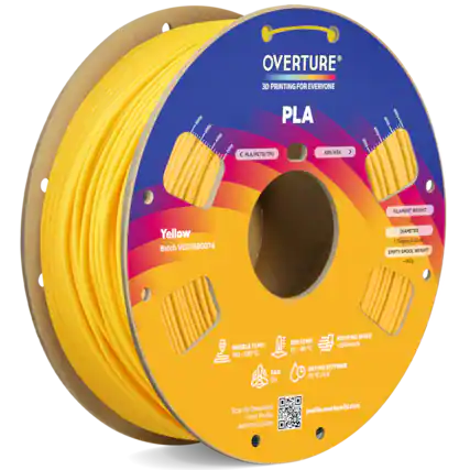 OVERTURE 3D PRINTING FOR EVERYONE
PLA
Yellow
Batch VC01BB0074
FILAMENT WEIGHT: 1kg
DIAMETER: 1.75mm ±0.02mm
EMPTY SPOOL WEIGHT: 142g
NOZZLE TEMP: 190-230°C
BED TEMP: 35-60°C
PRINTING SPEED: 300 mm/s
FAN: On
DRYING SETTINGS: 55°C / 6h
SCAN TO DOWNLOAD PRINT PROFILE AND INSTRUCTION
profile.overture3d.com