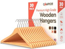 Campior - Wooden Hangers – 30-Pack, 360° Swivel Hook, Non-Slip, Pants Bar, Grooves, Space-Saving & Smooth Finish - Natural