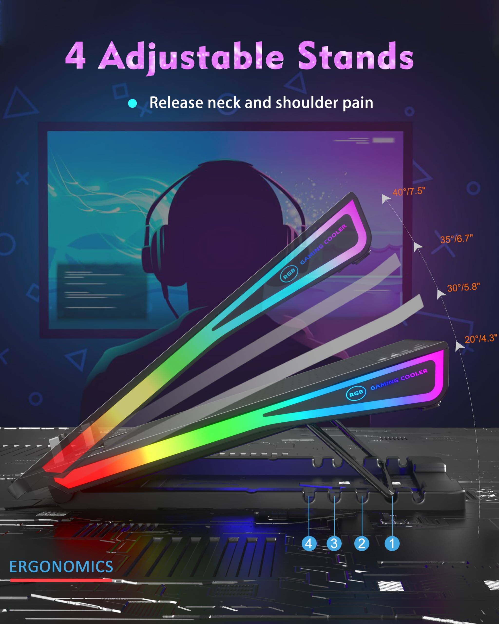 4 Adjustable Stands  
Release neck and shoulder pain  

40°/7.5"  
35°/6.7"  
30°/5.8"  
20°/4.3"  

ERGONOMICS