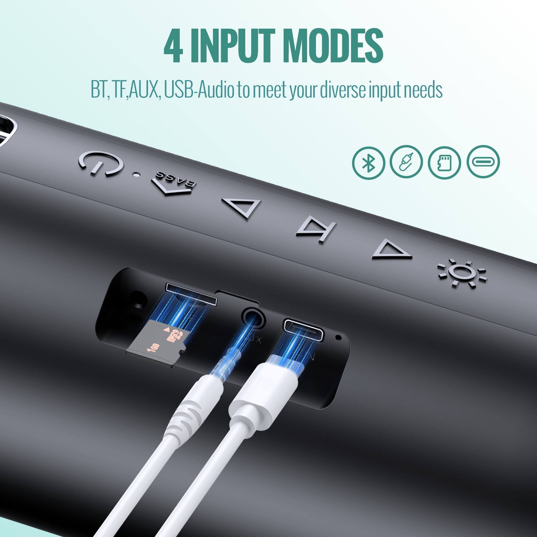 4 INPUT MODES  
BT, TF,AUX, USB-Audio to meet your diverse input needs