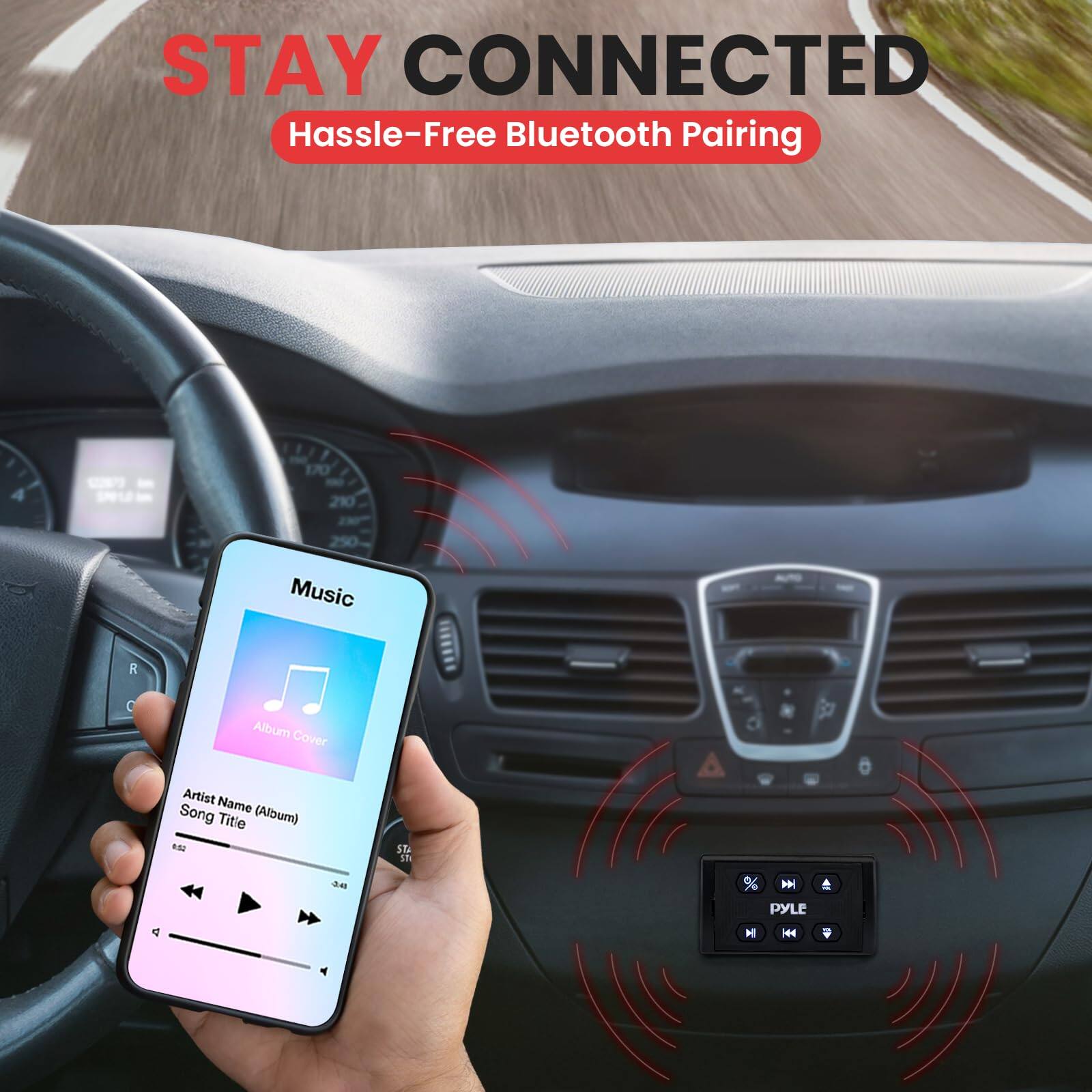 STAY CONNECTED  
Hassle-Free Bluetooth Pairing  

Music  
Album Cover  
Artist Name (Album)  
Song Title  

PYLE