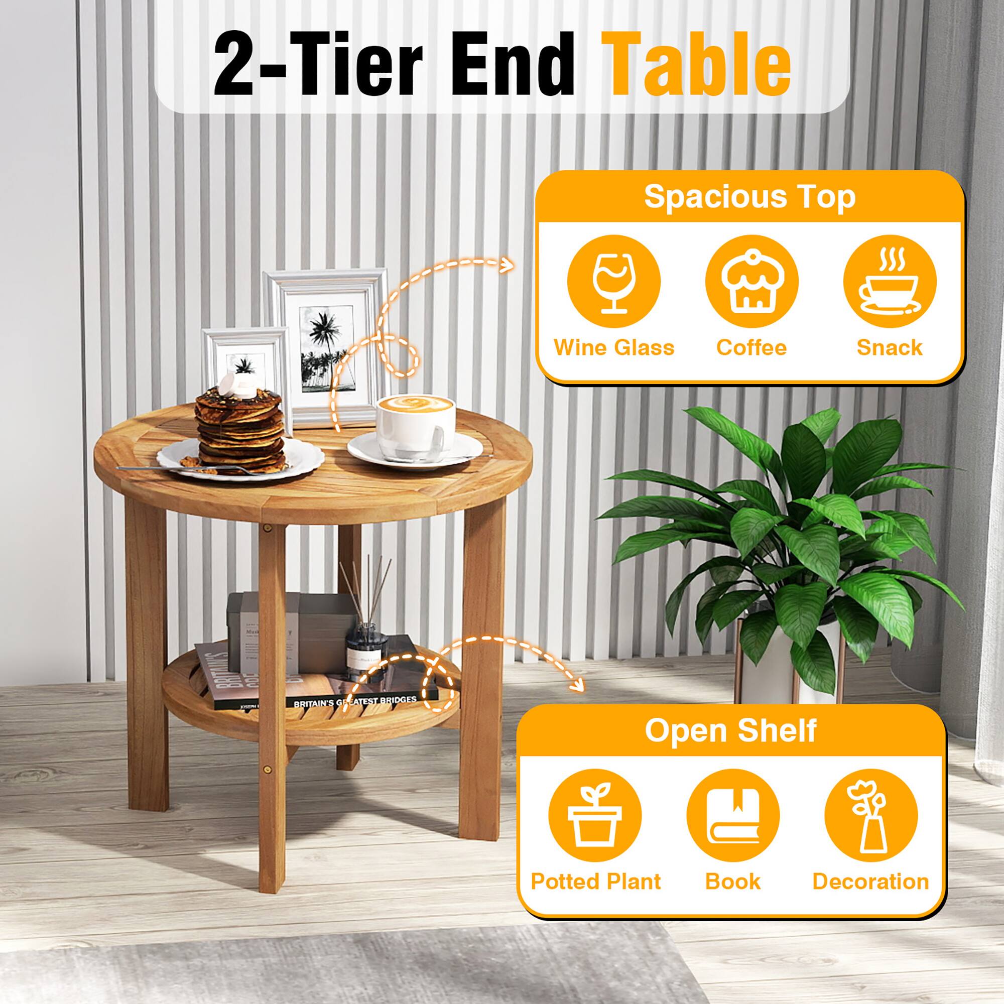 2-Tier End Table  
Spacious Top: Wine Glass, Coffee, Snack  
Open Shelf: Potted Plant, Book, Decoration