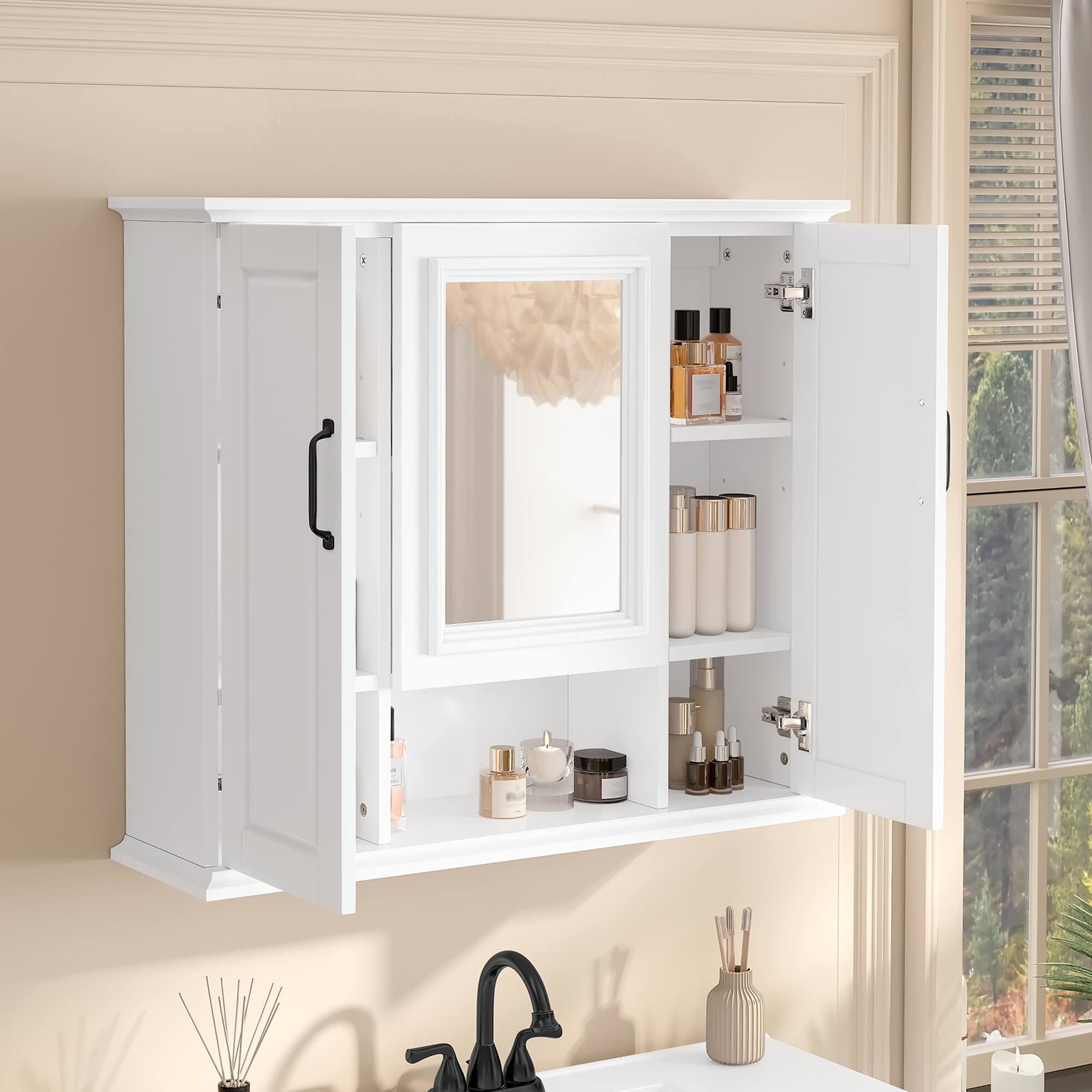 Angle. TinyHomie - 36in Medicine Cabinet Wall Mounted Storage Cabinet with Mirror Mirror Cabinet with 3 Doors Not Include Bathroom Vanity - White.