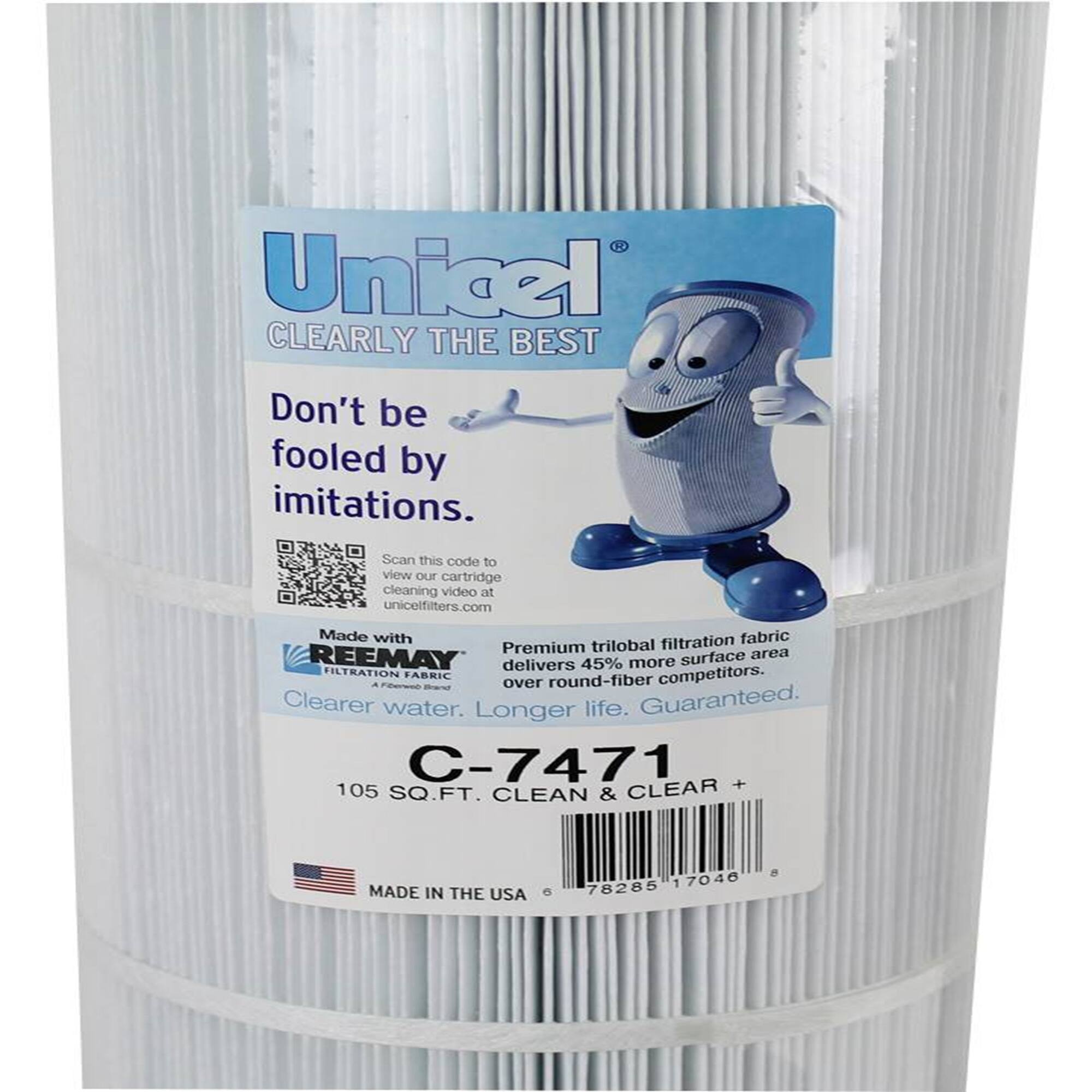 Unicel  
CLEARLY THE BEST  
Don't be fooled by imitations.  
Scan this code to view our cartridge cleaning video at unicelfilters.com  

Made with filtration fabric  
Premium trilobal REEMAY surface area delivers 45% more filtration fabric over round-fiber competitors.  
Clearer water. Longer life. Guaranteed.  

C-7471  
105 SQ. FT. CLEAN & CLEAR +  

MADE IN THE USA  

78285 17046