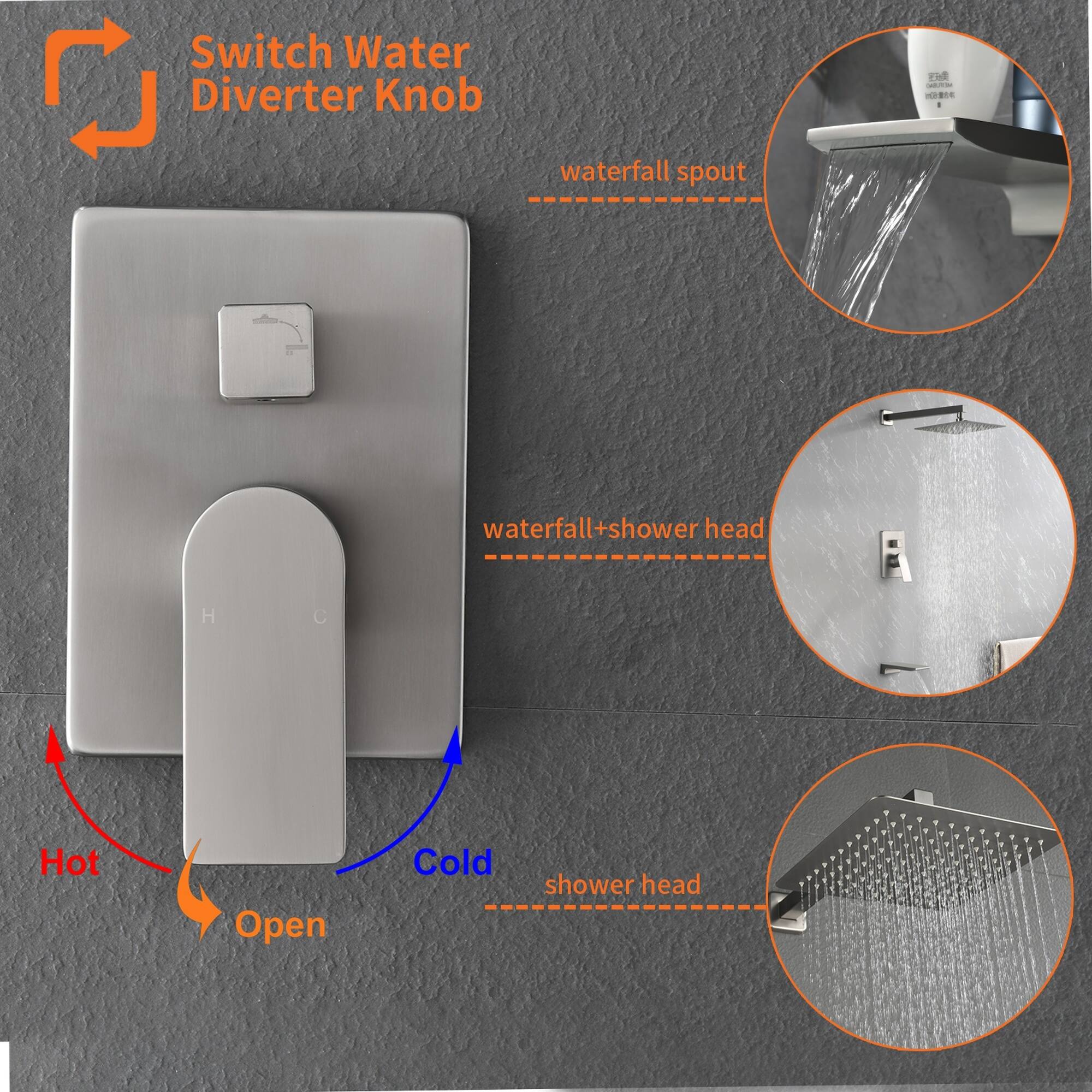Switch Water Diverter Knob

- waterfall spout
- waterfall+shower head
- shower head

H C

Hot Open Cold