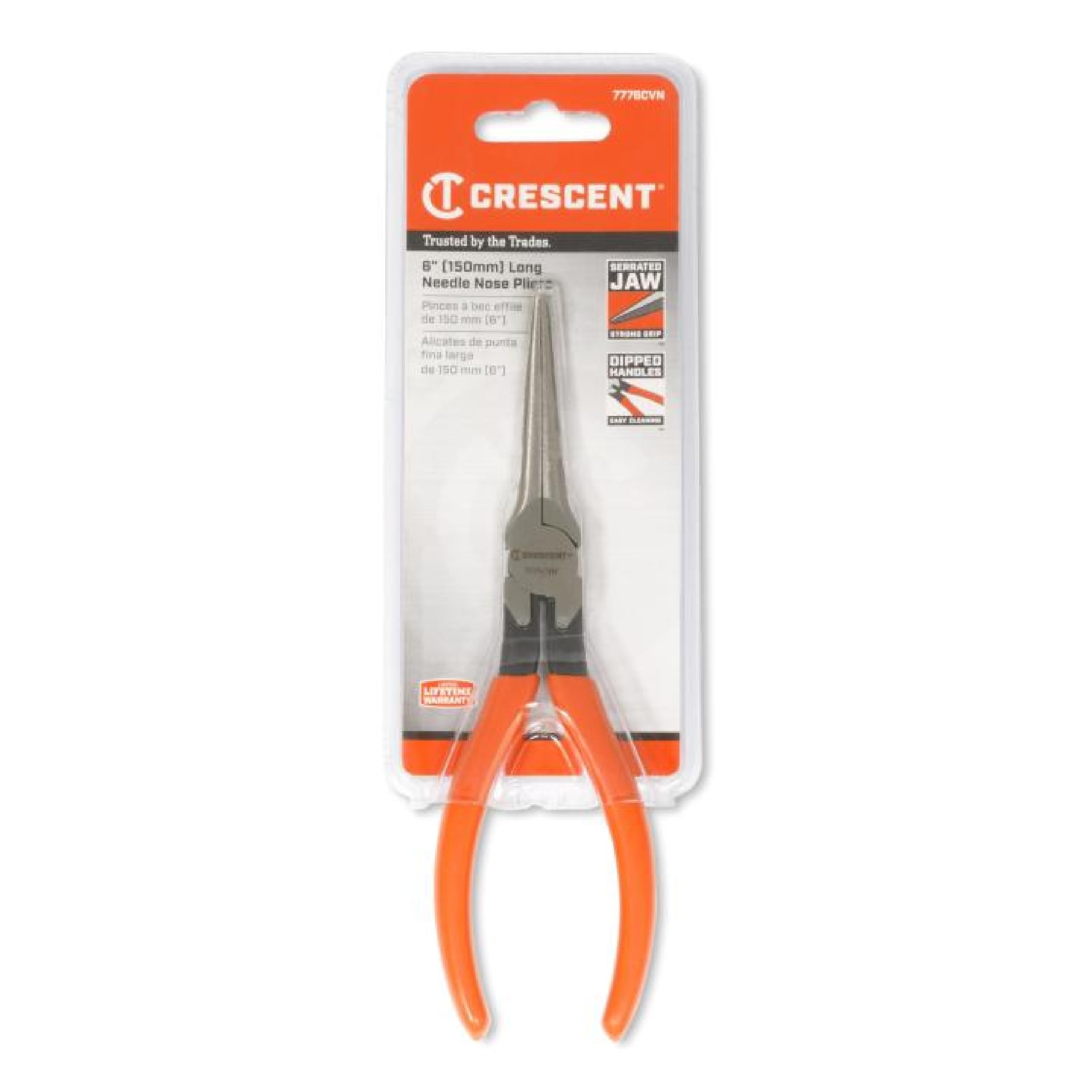 777BCVN  
Crescent  
Trusted by the Trades  
6" (150mm) Long Needle Nose Pliers  
Pinces à bec effilé de 150 mm (6")  
Serrated Jaw  
Dipped Handles  
Lifetime Warranty