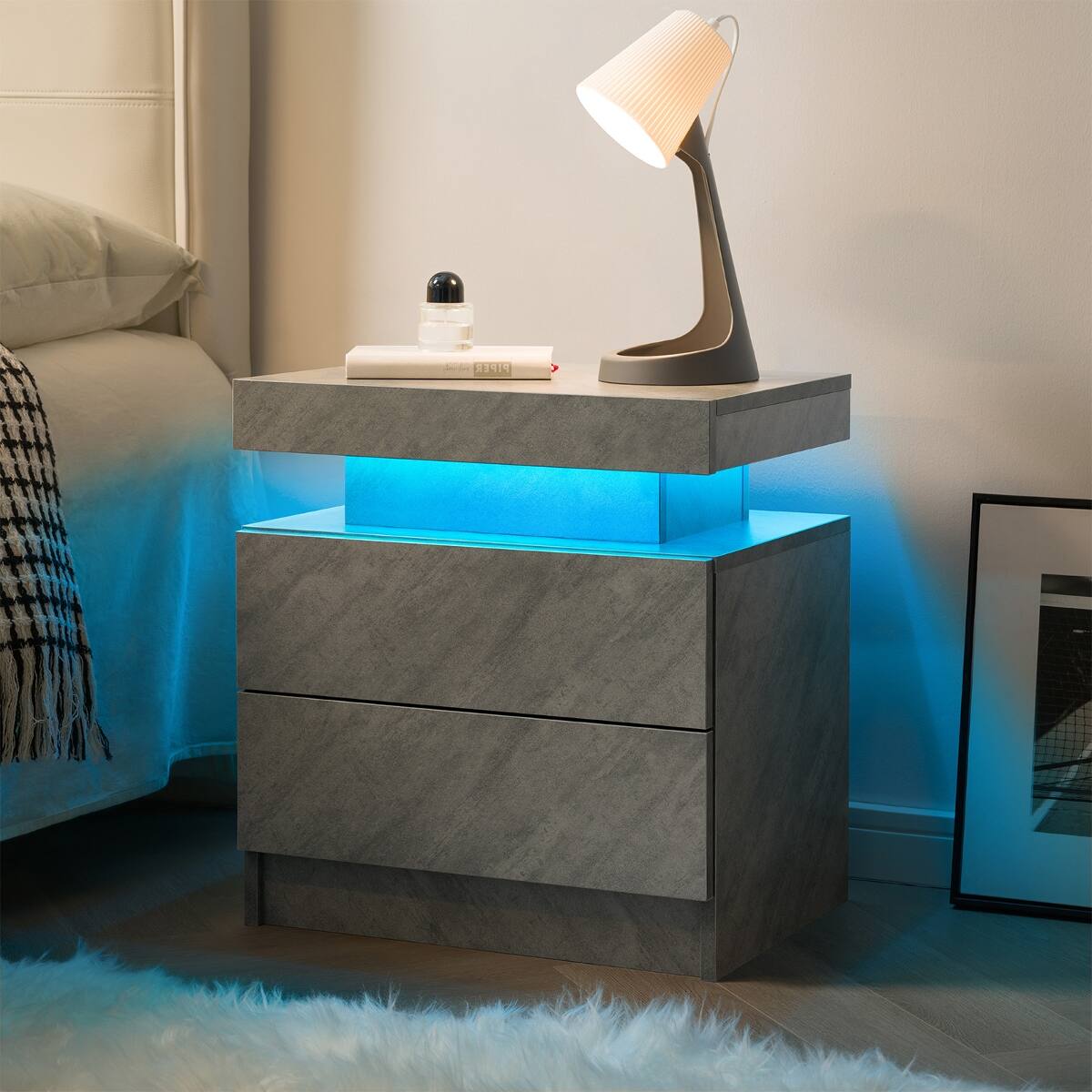 Alt View 1. Loheer - Loheer Modern Gray Nightstand with Two Drawers and LED Lights - Gray.