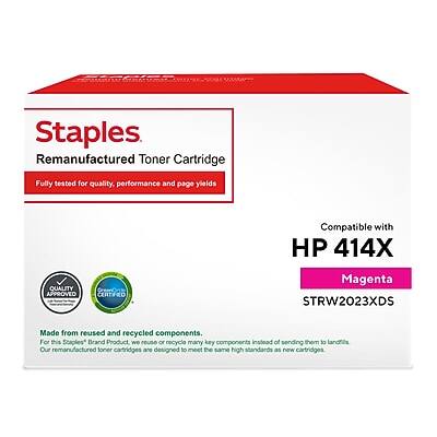 Staples Remanufactured Toner Cartridge

Fully tested for quality, performance and page yields

Compatible with HP 414X

QUALITY APPROVED
CremOns CERTIFILO

Magenta STRW2023XDS

Made from reused and recycled components. For this Staples Brand Product we reuse or recycle many key components instead of sending them to landfills. Our remanufactured toner cartridges are designed to meet the same high standards as new cartridges.