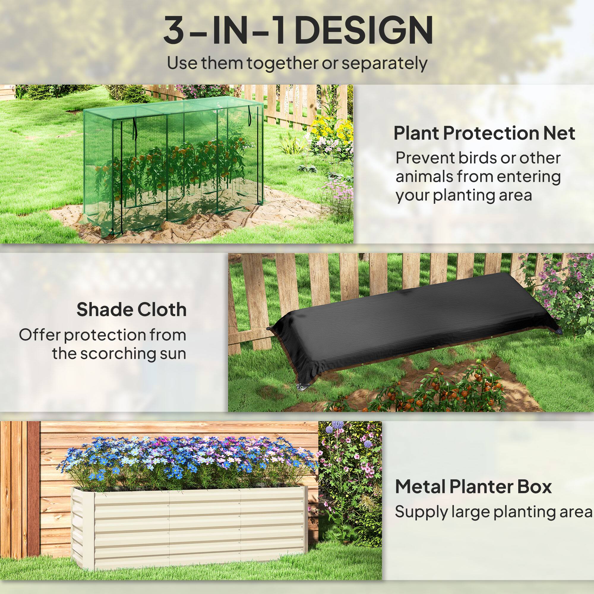 3-IN-1 DESIGN

Plant Protection Net
Shade Cloth
Metal Planter Box