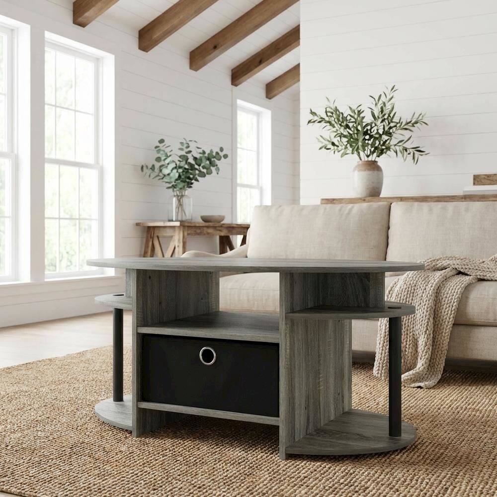 Angle. FurniFact - Oval Coffee Table French Oak Grey and Black with Simple Design and Sturdy Frame - French Oak Grey/Black/Black.