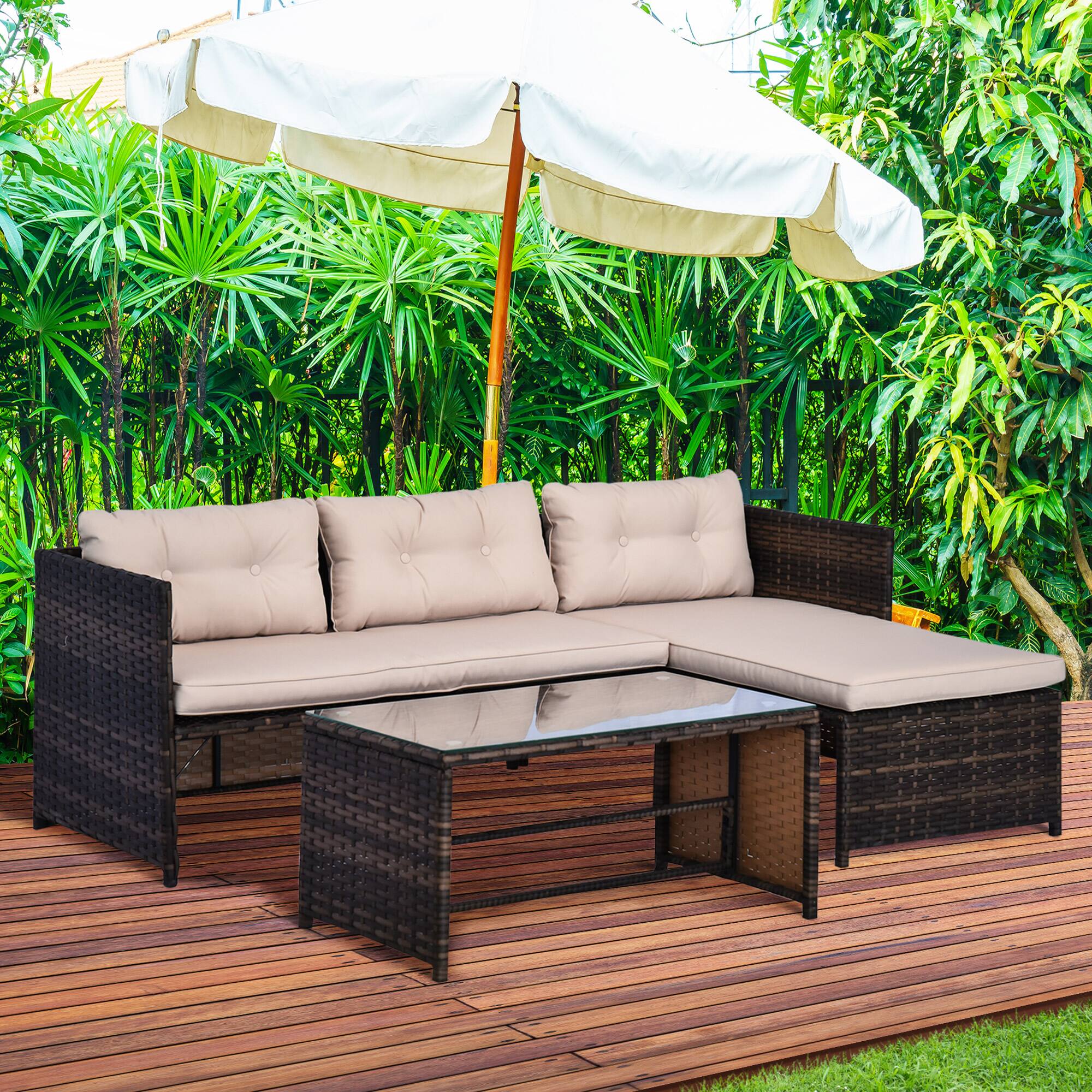 Alt View 1. Outsunny - 3 Piece Patio Furniture Set, Rattan Outdoor Sofa Set with Chaise Lounge & Loveseat, Soft Cushions - Beige.