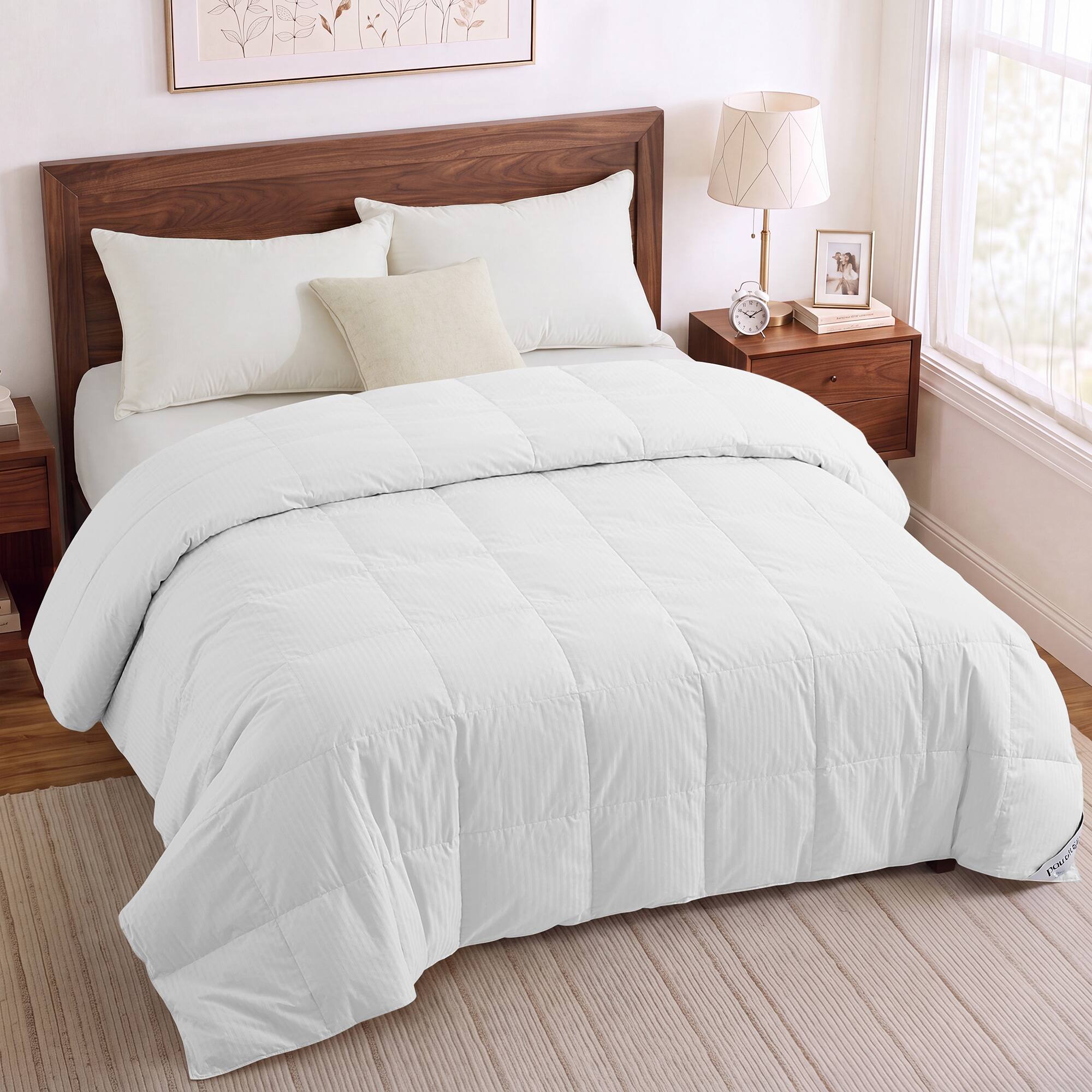 Left. Puredown - Puredown Luxury Cotton Jacquard Lightweight 75% Down Blanket, Soft & Breathable Bed Blanket, White, 90x90" - White.