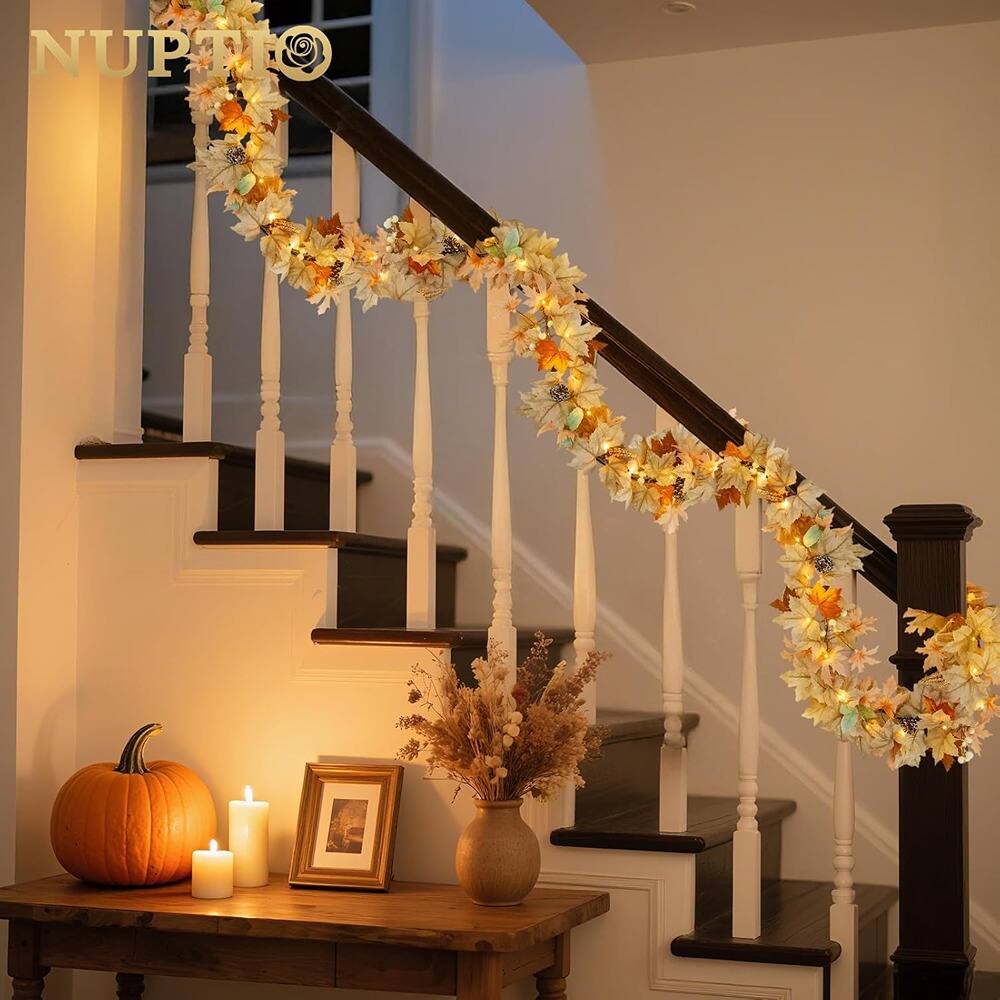 Alt View 1. PARKER SLATER - 6FT Fall Maple Leaf Garland with 40 LED Lights, Remote and Timer for Thanksgiving - White.