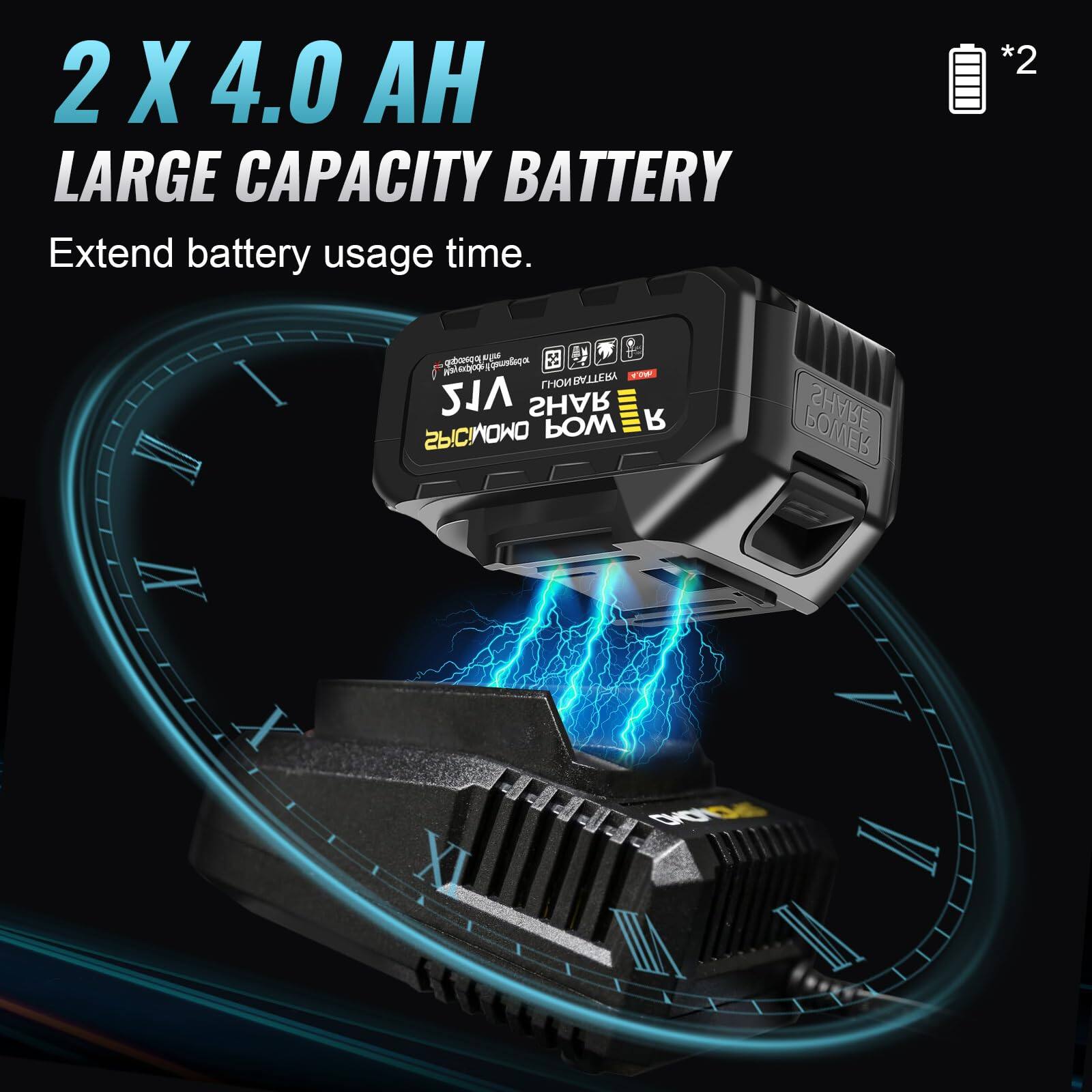 2 X 4.0 AH  
LARGE CAPACITY BATTERY  
Extend battery usage time.  

*2