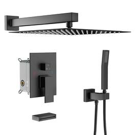 Lordear - Shower System with Waterfall Tub Spout,12 Inch Wall Mounted Square Shower System with Rough-in Valve - Matte Black
