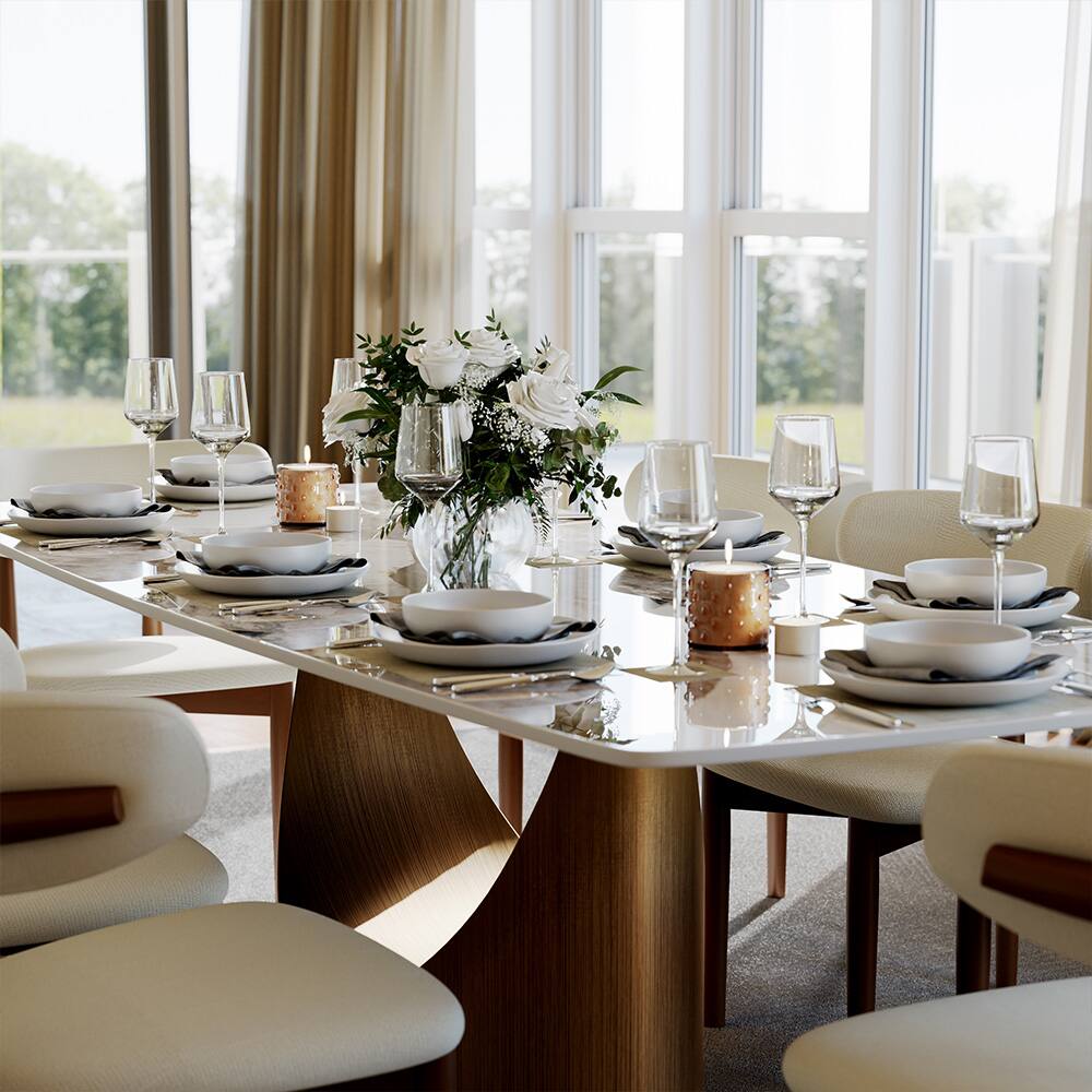 Left. POVISON - 94" Modern Minimalist Dining Table for 10, Gold Rectangular Glossy Sintered Stone Tabletop, Bronze Carbon Steel Base - Pandora Sintered Stone with Bronze.