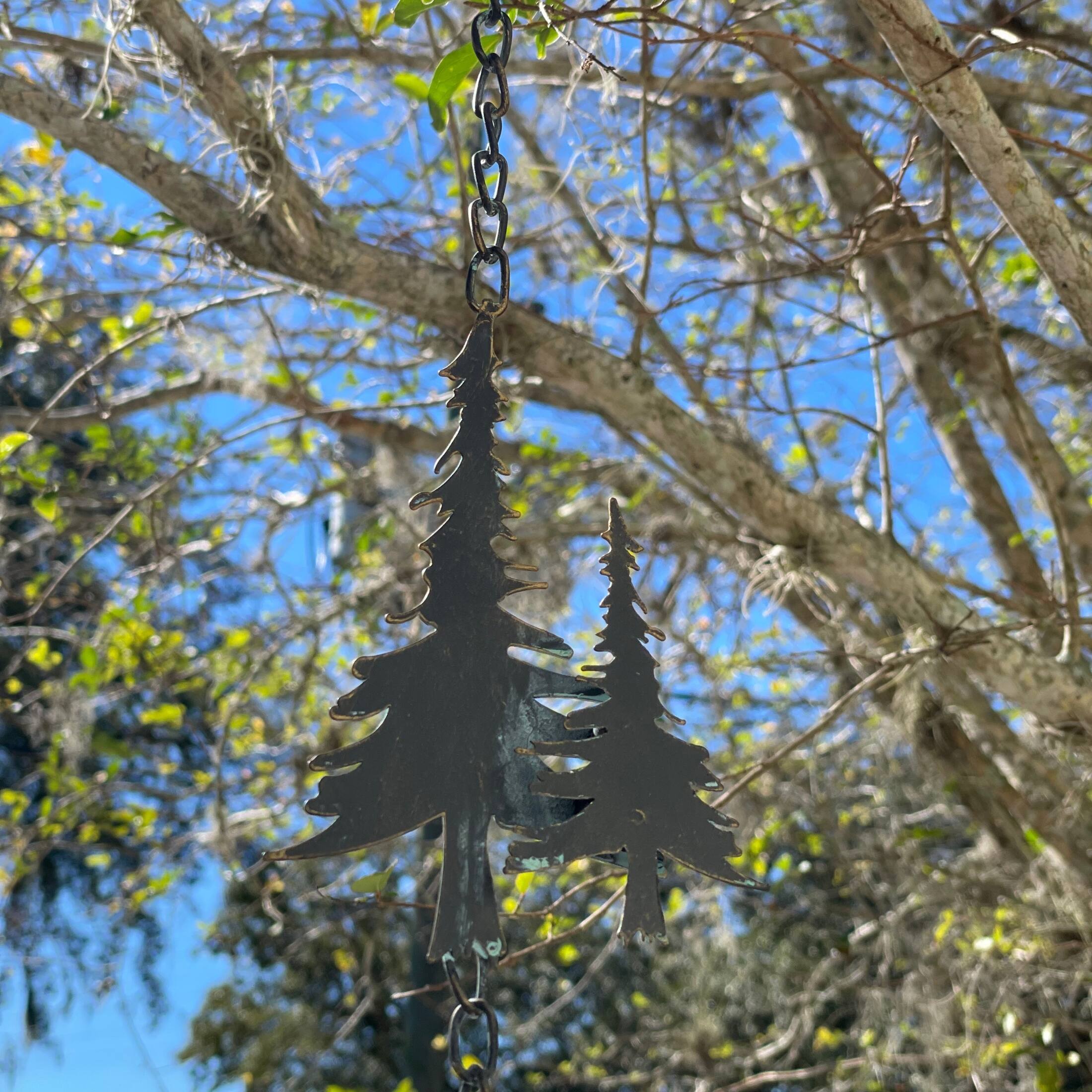Alt View 4. Things2Die4 - 70" Metal Rain Chain - Forest Trees & Zen Bells, Aged Verdigris, 3.25" Diameter - Black.