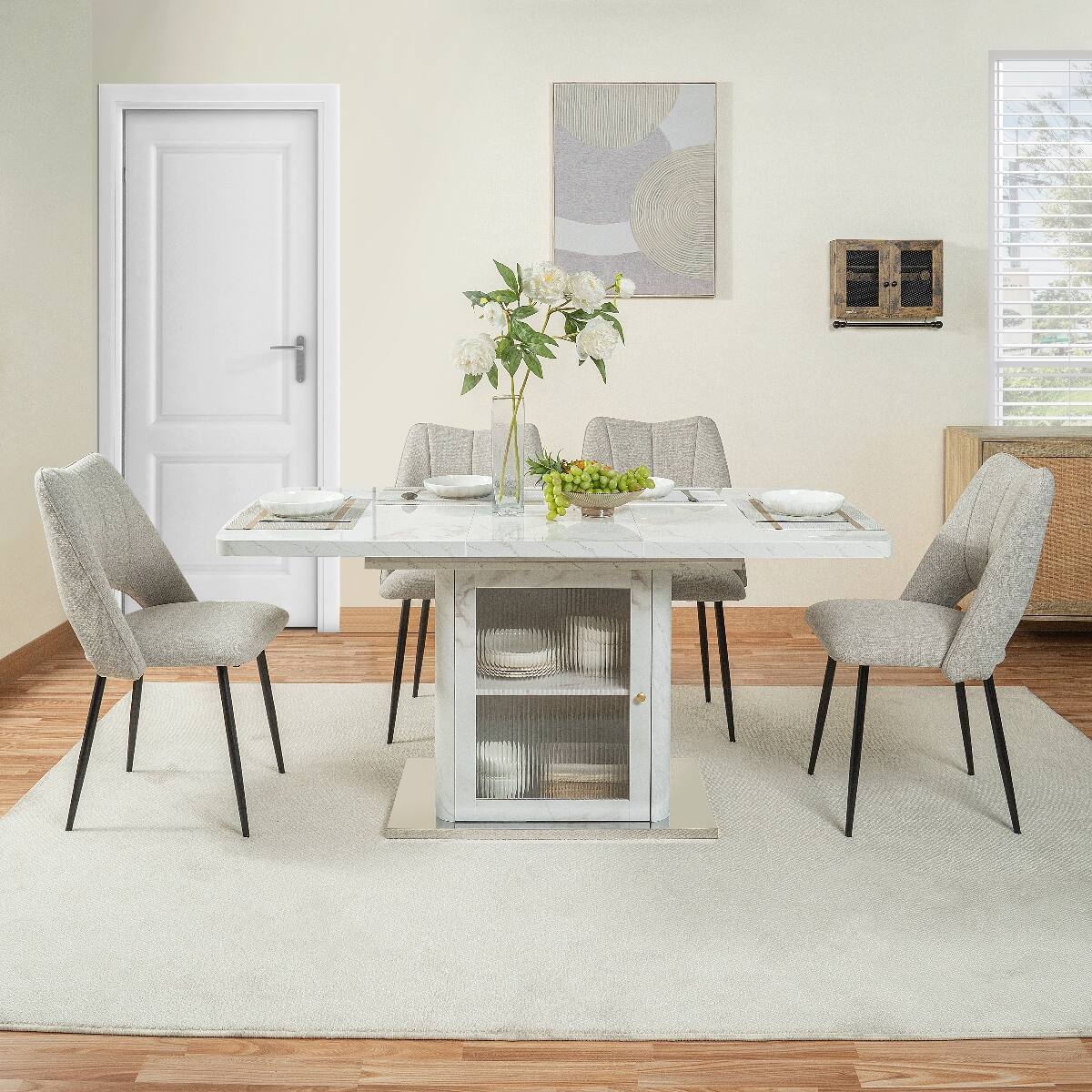 Angle. Loheer - Loheer Extendable Rectangular Dining Table with White Marble Look and Storage Cabinet Base - White.