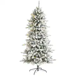 BreeBe - 6.5’ Flocked Livingston Fir Christmas Tree w300 LED & Cones - White