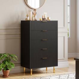 GARVEE - Modern 5 Drawer Dresser for Bedroom with Gold Handle and Large Drawer, Wood Double Chest of Drawers - Black