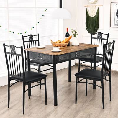 Costway - 5PCS Dining Set Metal Table & 4 Chairs Kitchen Breakfast Furniture - Black