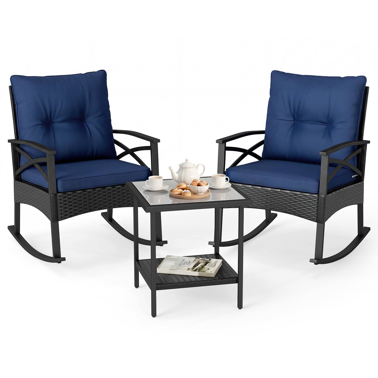Alt View 8. Gymax - Gymax Set of 3 Rattan Rocking Bistro Set w/Tempered Glass Tabletop & Cushions for Porch Navy - Blue.