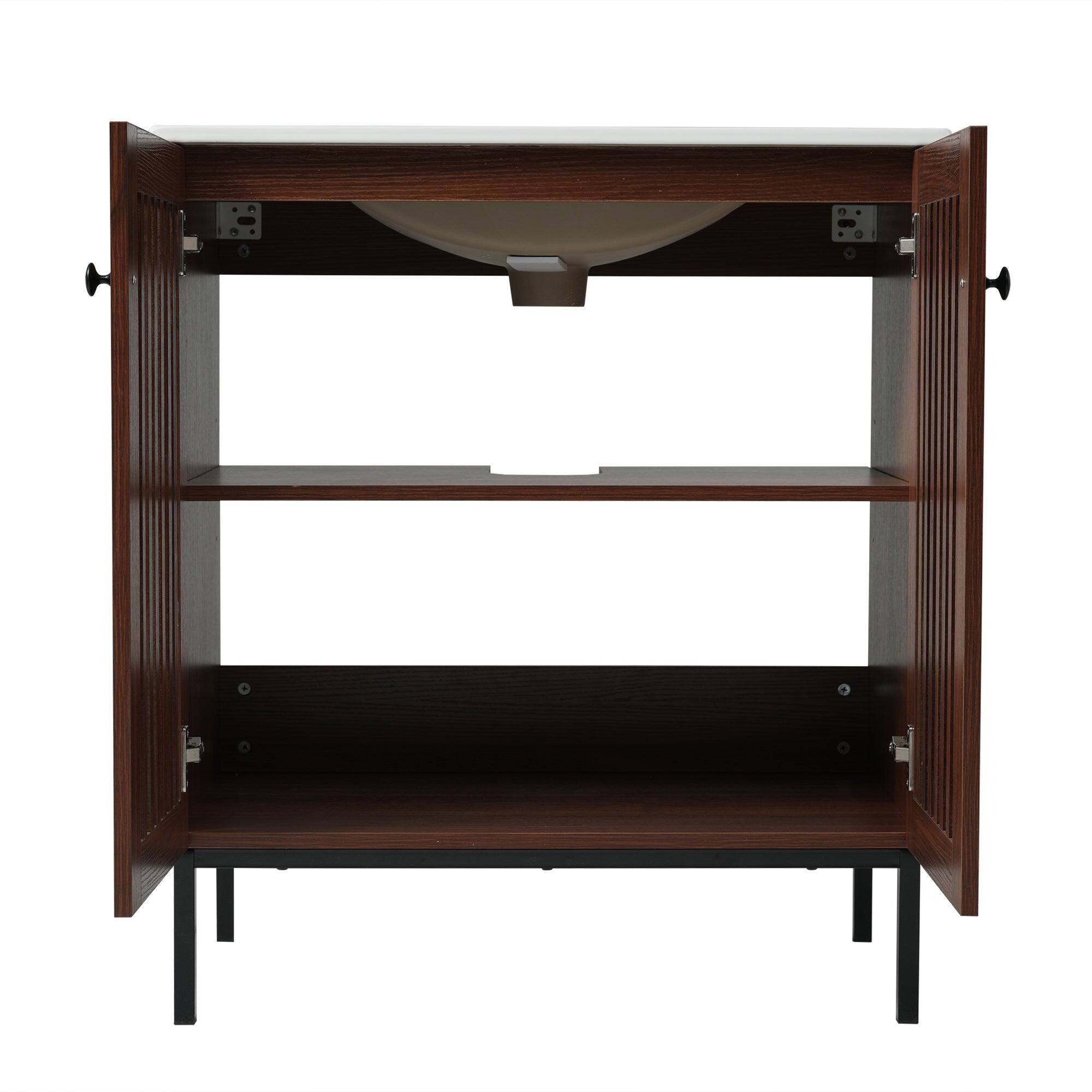 Left. Boyel Living - 30 Inch Vintage Bathroom Vanity with Ceramic Sink 2 Soft Close Doors Fence Design Large Storage Dark Brown - AntiqueDarkBrown.