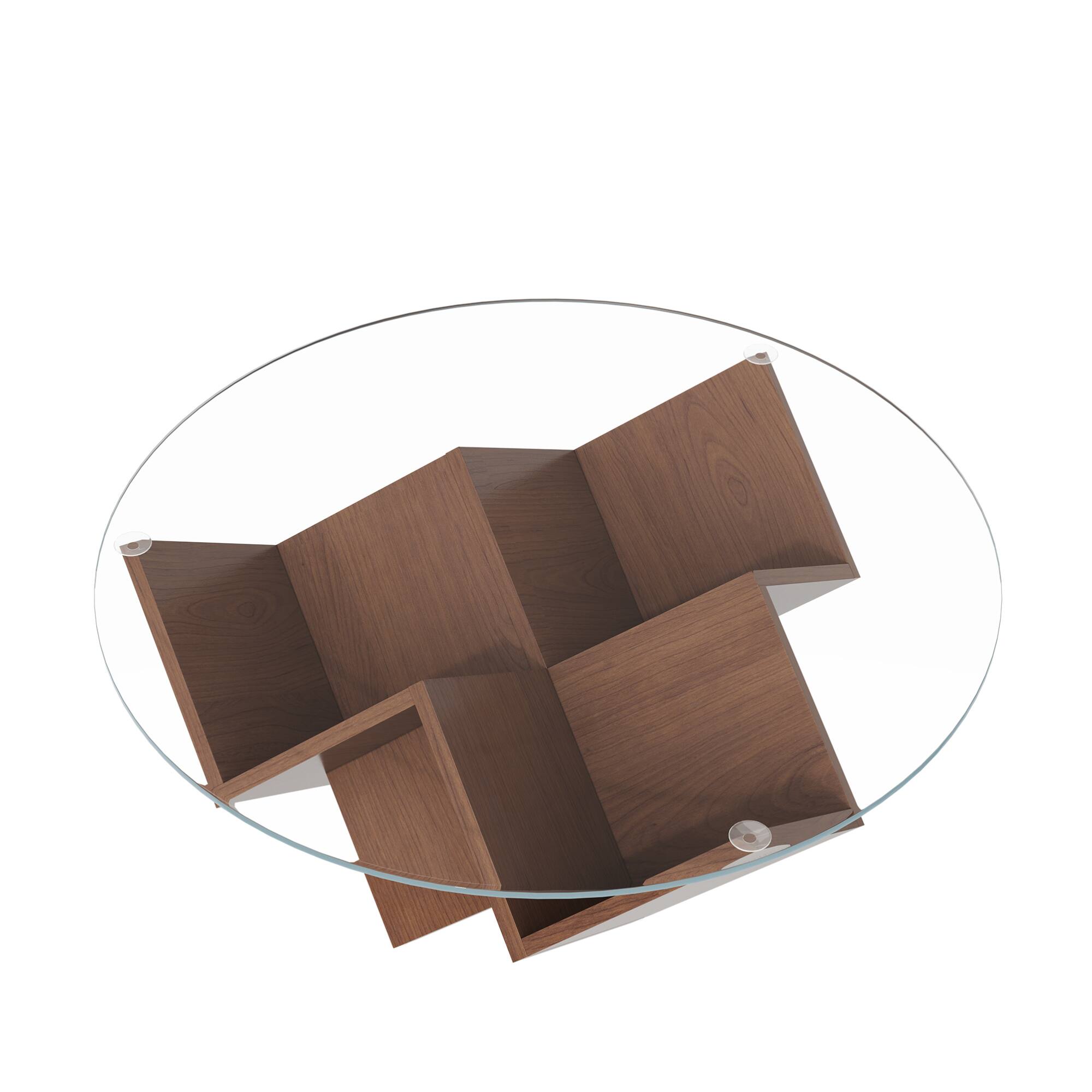 Alt View 5. GOODSILO - Round Coffee Table with Tempered Glass Top and Geometric Art Deco Style Storage Base - Walnut.